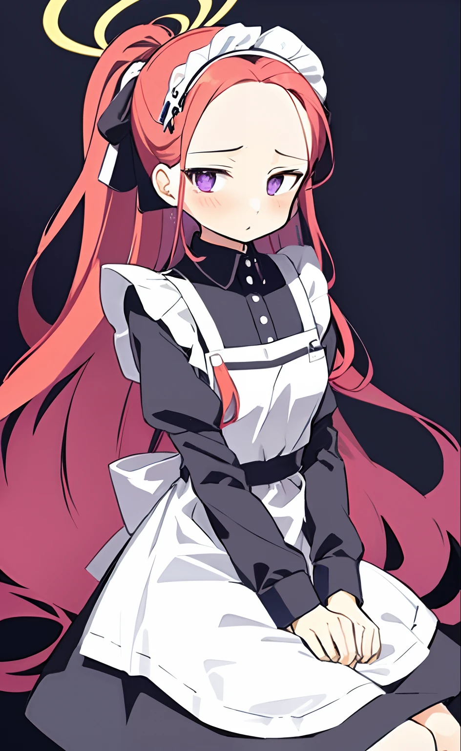 masutepiece,(Best Quality, Illustration,Detailed face:1.3),(1girl in,Solo:1.3),Beautiful detailed eyes, Apron, gradient_Background, gradient, maid, Purple eyes,Red hair,Small breasts,
break
Emmade, white_Apron, Black_Dress, Ponytail, Black_Footwear, frilld_Apron, Dress, maid_Apron, alternate_hair,Very long hair, split_Ponytail, Halo