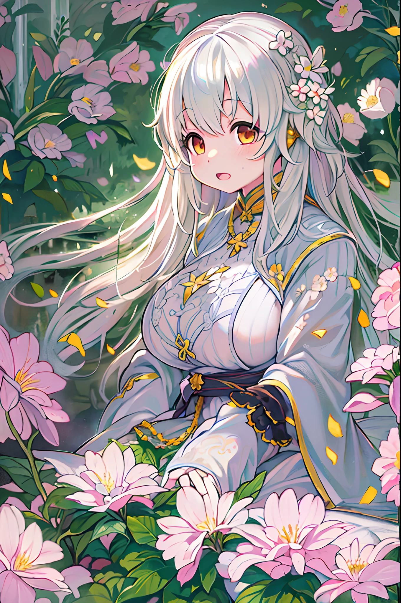 Anime girl with long white hair sitting in garden with flowers, white haired god, guweiz on pixiv artstation, anime style 4 k, Anime art wallpaper 8k, anime art wallpaper 4k, anime art wallpaper 4k, guweiz on artstation pixiv, anime fantasy illustration, anime fantasy artwork, artwork in the style of guweiz,doa、Lori、8 years old girl