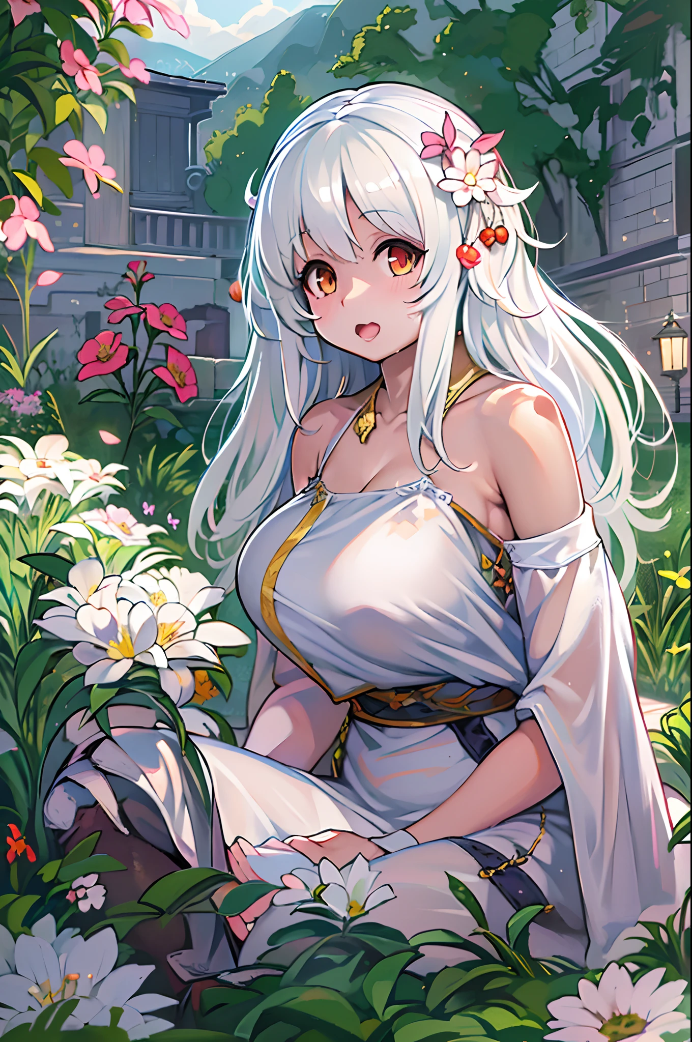 Anime girl with long white hair sitting in garden with flowers, white haired god, guweiz on pixiv artstation, anime style 4 k, Anime art wallpaper 8k, anime art wallpaper 4k, anime art wallpaper 4k, guweiz on artstation pixiv, anime fantasy illustration, anime fantasy artwork, artwork in the style of guweiz