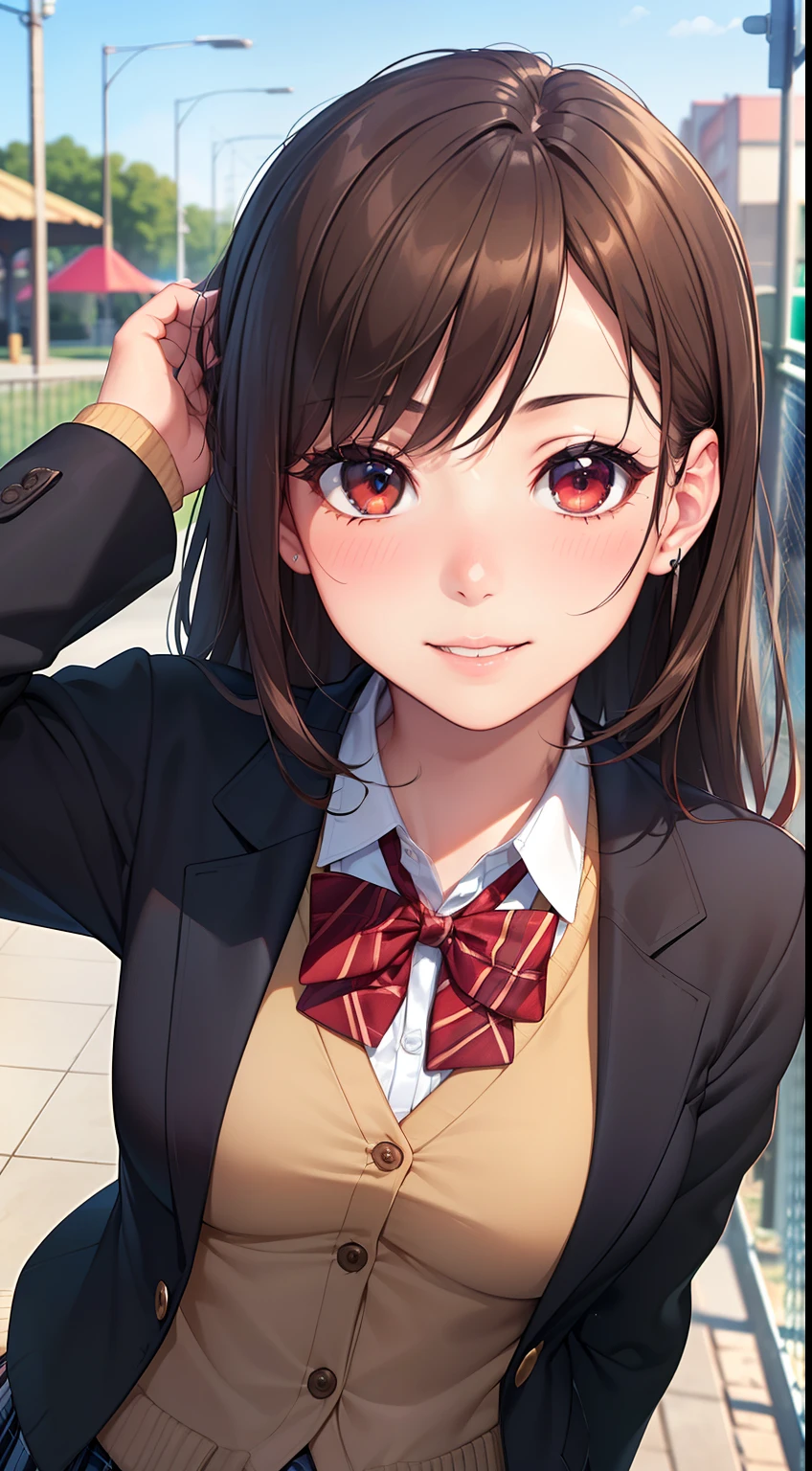 ((masterpiece, best quality, highres, UHD, perfect pixel, depth of field, 4k, RTX, HDR))), 1girl, single, solo, beautiful anime girl, beautiful artstyle, anime character, ((long hair, bangs, brown hair, curly hair:0.8)), ((red eyes:1.4, rounded eyes, beautiful eyelashes, realistic eyes)), ((detailed face, blushing:1.2)), ((smooth texture:0.75, realistic texture:0.65, photorealistic:1.1, anime CG style)), medium breasts, dynamic angle, perfect body, ((portrait, pov)), ((red bowtie, school uniform, black jacket, open jacket, brown cardigan, white shirt, black skirt, plaid skirt)), smile beam, amusement park,grin,white teeth,finger to mouth