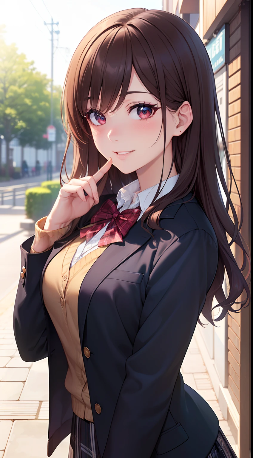 ((masterpiece, best quality, highres, UHD, perfect pixel, depth of field, 4k, RTX, HDR))), 1girl, single, solo, beautiful anime girl, beautiful artstyle, anime character, ((long hair, bangs, brown hair, curly hair:0.8)), ((red eyes:1.4, rounded eyes, beautiful eyelashes, realistic eyes)), ((detailed face, blushing:1.2)), ((smooth texture:0.75, realistic texture:0.65, photorealistic:1.1, anime CG style)), medium breasts, dynamic angle, perfect body, ((portrait, pov)), ((red bowtie, school uniform, black jacket, open jacket, brown cardigan, white shirt, black skirt, plaid skirt)), smile beam, amusement park,grin,white teeth,finger to mouth