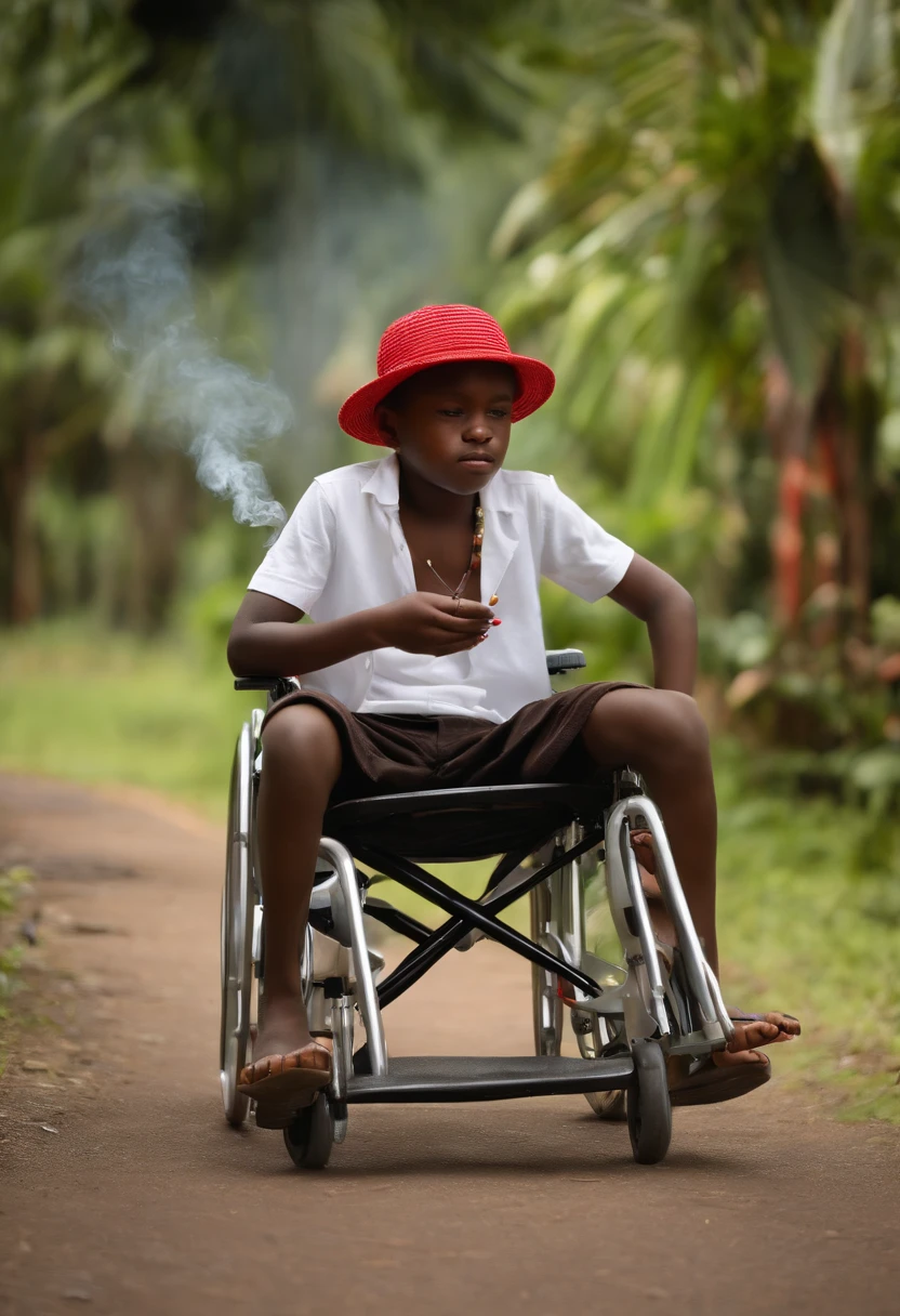 Jamaican boy in wheelchair smoking joints with Jamaican hat a boy, slightly fat body, short black hair, dark brown skin, white shirt, red shorts, red hat, wearing shoes