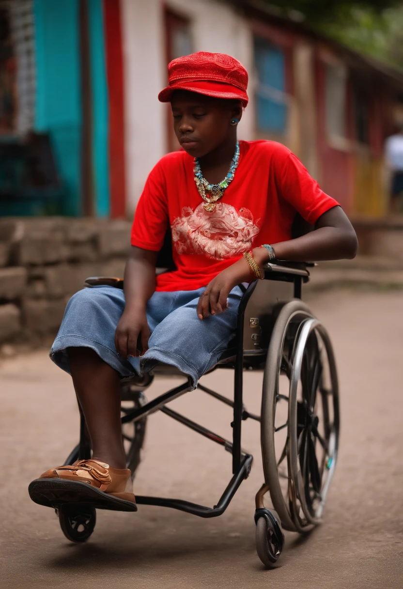Jamaican boy in wheelchair smoking joints with Jamaican hat a boy, slightly fat body, short black hair, dark brown skin, white shirt, red shorts, red hat, wearing shoes