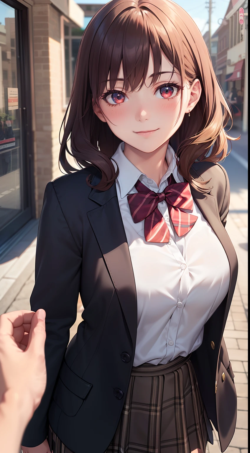 ((masterpiece, best quality, highres, UHD, perfect pixel, depth of field, 4k, RTX, HDR))), 1girl, single, solo, beautiful anime girl, beautiful artstyle, anime character, ((long hair, bangs, brown hair, curly hair:0.8)), ((red eyes:1.4, rounded eyes, beautiful eyelashes, realistic eyes)), ((detailed face, blushing:1.2)), ((smooth texture:0.75, realistic texture:0.65, photorealistic:1.1, anime CG style)), medium breasts, dynamic angle, perfect body, ((portrait, pov)), ((red bowtie, school uniform, black jacket, open jacket, brown cardigan, white shirt, black skirt, plaid skirt)), smile beam, amusement park,grin,white teeth,finger to mouth