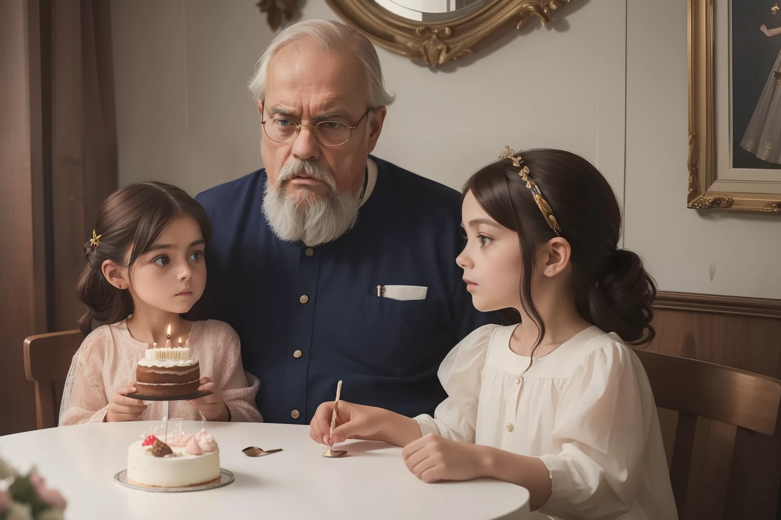 year: 2023. Location: Sweden. Pre-Raphaelite scene with a 59-year-old man, thin, ((clean classic look)), ((grumpy)) ((strict)), in a birthday party, with the 8--old thday girl, gift, presents, cake, ((((Clothing from the 2020s)))) ((Hairstyle of the 2020s)), ((("OMITB" cinematography)))