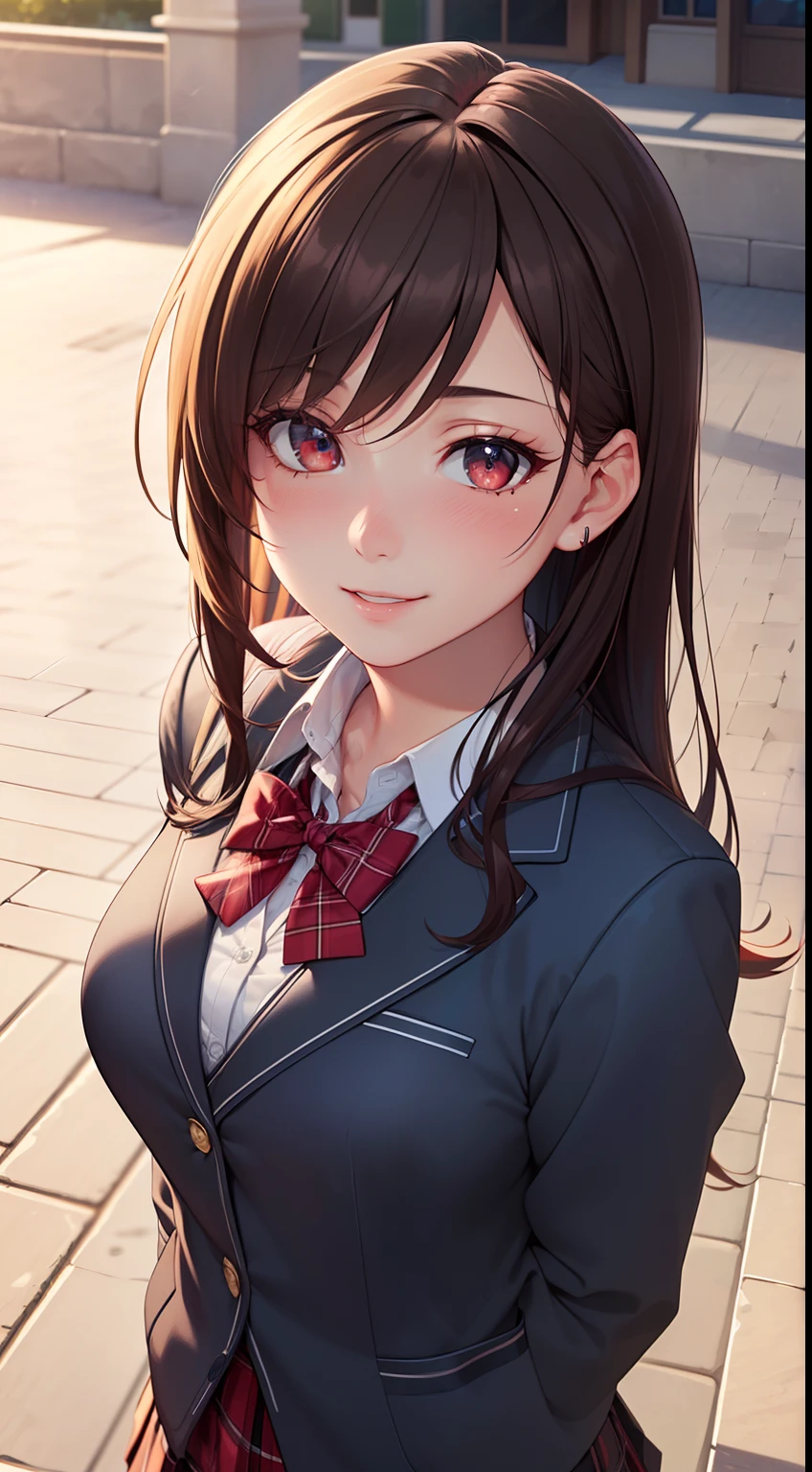 ((masterpiece, best quality, highres, UHD, perfect pixel, depth of field, 4k, RTX, HDR))), 1girl, single, solo, beautiful anime girl, beautiful artstyle, anime character, ((long hair, bangs, brown hair, curly hair:0.8)), ((red eyes:1.4, rounded eyes, beautiful eyelashes, realistic eyes)), ((detailed face, blushing:1.2)), ((smooth texture:0.75, realistic texture:0.65, photorealistic:1.1, anime CG style)), medium breasts, dynamic angle, perfect body, ((portrait, pov)), ((red bowtie, school uniform, black jacket, open jacket, brown cardigan, white shirt, black skirt, plaid skirt)), smile beam, amusement park,grin,white teeth,finger to mouth