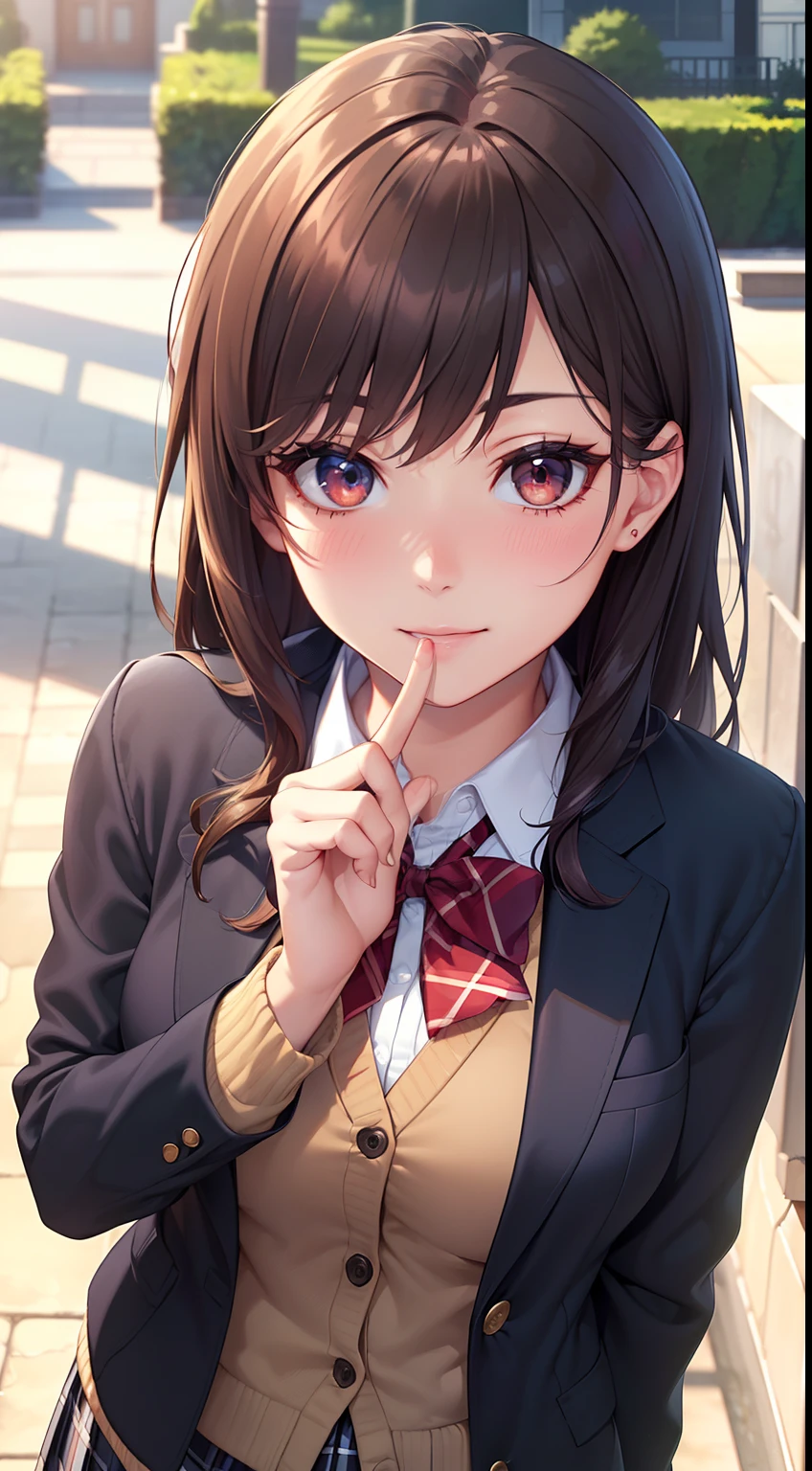 ((masterpiece, best quality, highres, UHD, perfect pixel, depth of field, 4k, RTX, HDR))), 1girl, single, solo, beautiful anime girl, beautiful artstyle, anime character, ((long hair, bangs, brown hair, curly hair:0.8)), ((red eyes:1.4, rounded eyes, beautiful eyelashes, realistic eyes)), ((detailed face, blushing:1.2)), ((smooth texture:0.75, realistic texture:0.65, photorealistic:1.1, anime CG style)), medium breasts, dynamic angle, perfect body, ((portrait, pov)), ((red bowtie, school uniform, black jacket, open jacket, brown cardigan, white shirt, black skirt, plaid skirt)), smile beam, amusement park,grin,white teeth,finger to mouth