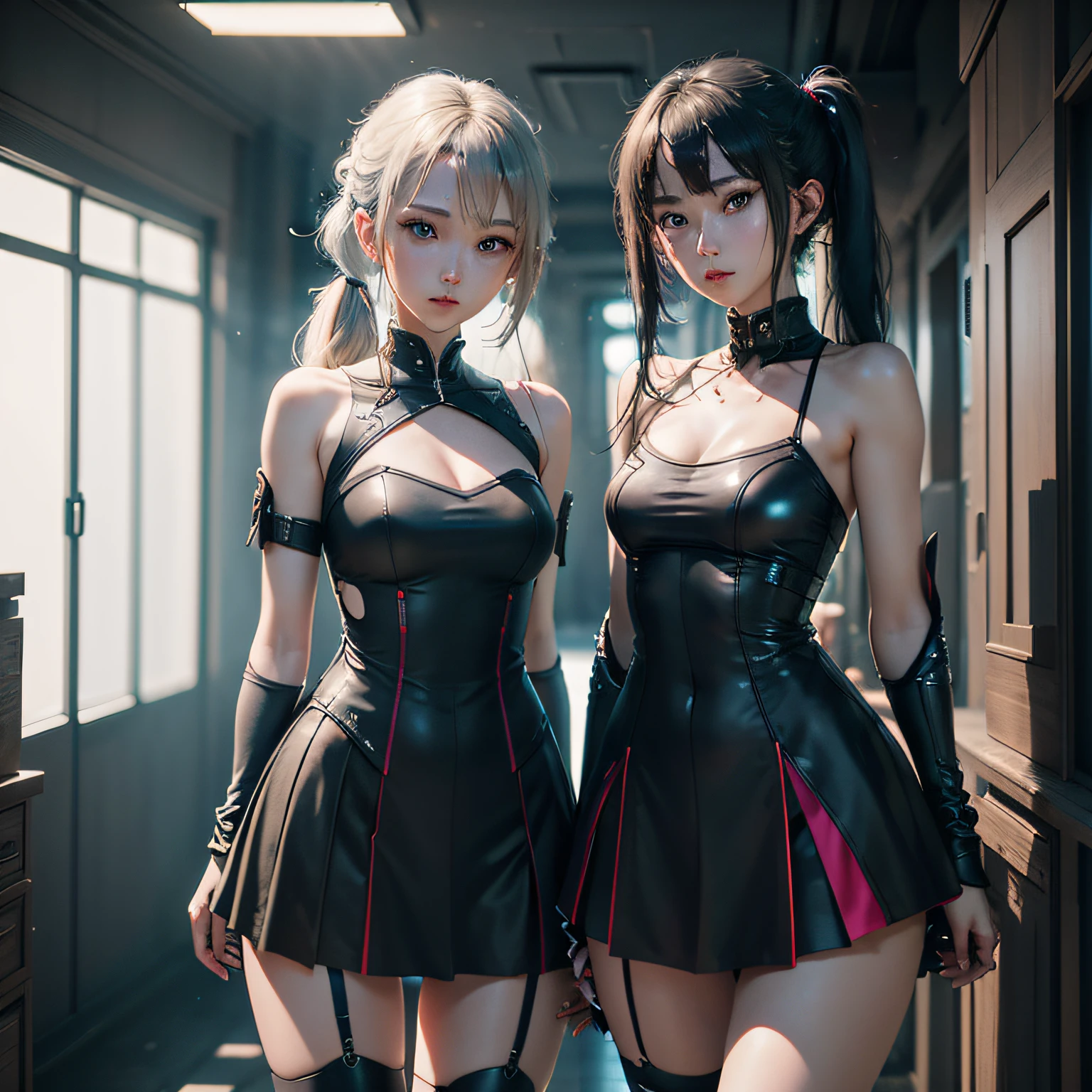 2 girls in、((top-quality)), ((masterpiece)), (detaileds:1.4), 。.。.。.。Blue LED is on、Blue eyes、.。.。.。.。.。.。.3D, Blue Eyes Slender、Short skirt with blue LED、Twintail hairstyle,Beautiful Cyberpunk Woman Image,nffsw(HighDynamicRange),Ray traching,NVIDIA RTX,Hyper-Resolution,Unreal 5,Sub-surface scattering,PBR Texturing,Postprocess,Anisotropy Filtering,depth of fields,Maximum clarity and sharpness,multi-layer texture,Albedo and specular maps,Surface Shading,Accurate simulation of light-material interactions,perfectly proportions,Octane Rendering,Two-tone lighting,Wide aperture,Low ISO、White Balance、thirds rule、8K Raw、Night Pool、