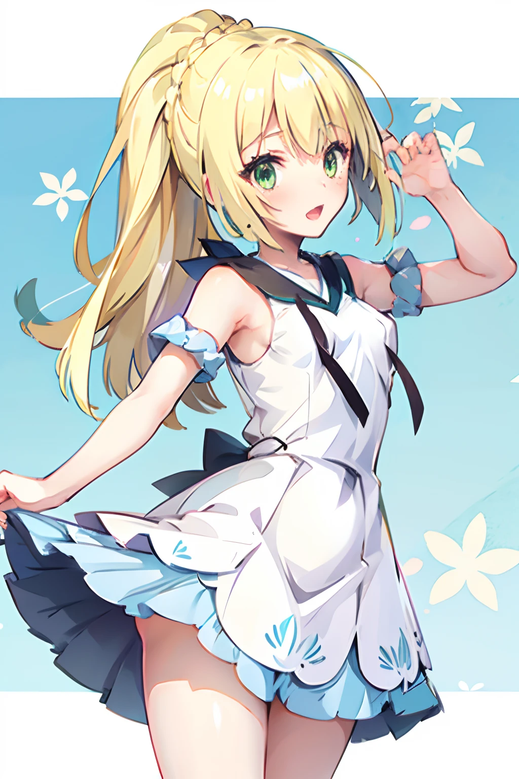 One girl,a blond,poneyTail,lillie,Green eyes,Guts Pose,nimbly,Beautiful steppe,Good luck Lily,A pokémon,White Dress,Raising,verd s eyes,small tits,Smile with open mouth,Beautiful steppe,blushed face,closing eye,huge smile,Top image quality,masutepiece,Best Quality