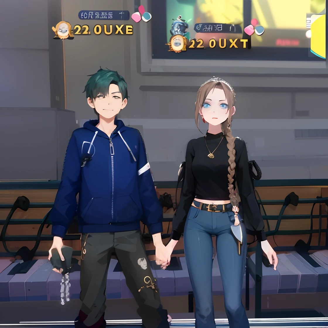 a couple of people standing next to each other in a room, wearing a fisher 🧥, couple pose, 📷 mungojerrie and rumpleteazer, kda and sam yang, fashion gameplay screenshot, regal dark blue clothes, ruan jia and brom, medium shot of two characters, in game, 😭 🤧 💔