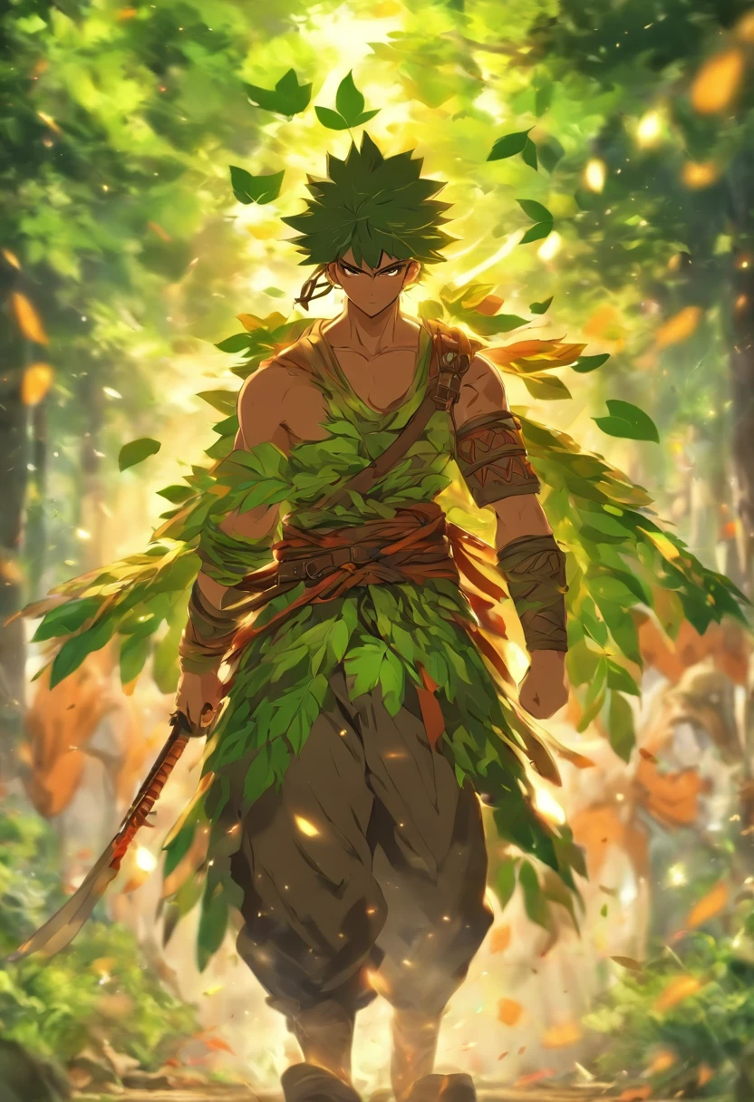 criar uma personagem que seria uma jovem viajante com uma mochila velha e uma garrafa amarrada ao cinto, A peasant with a warrior style leaf template