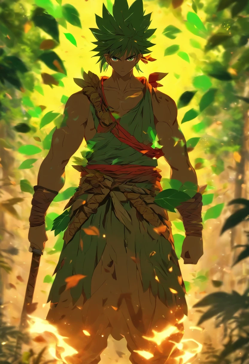 criar uma personagem que seria uma jovem viajante com uma mochila velha e uma garrafa amarrada ao cinto, A peasant with a warrior style leaf template