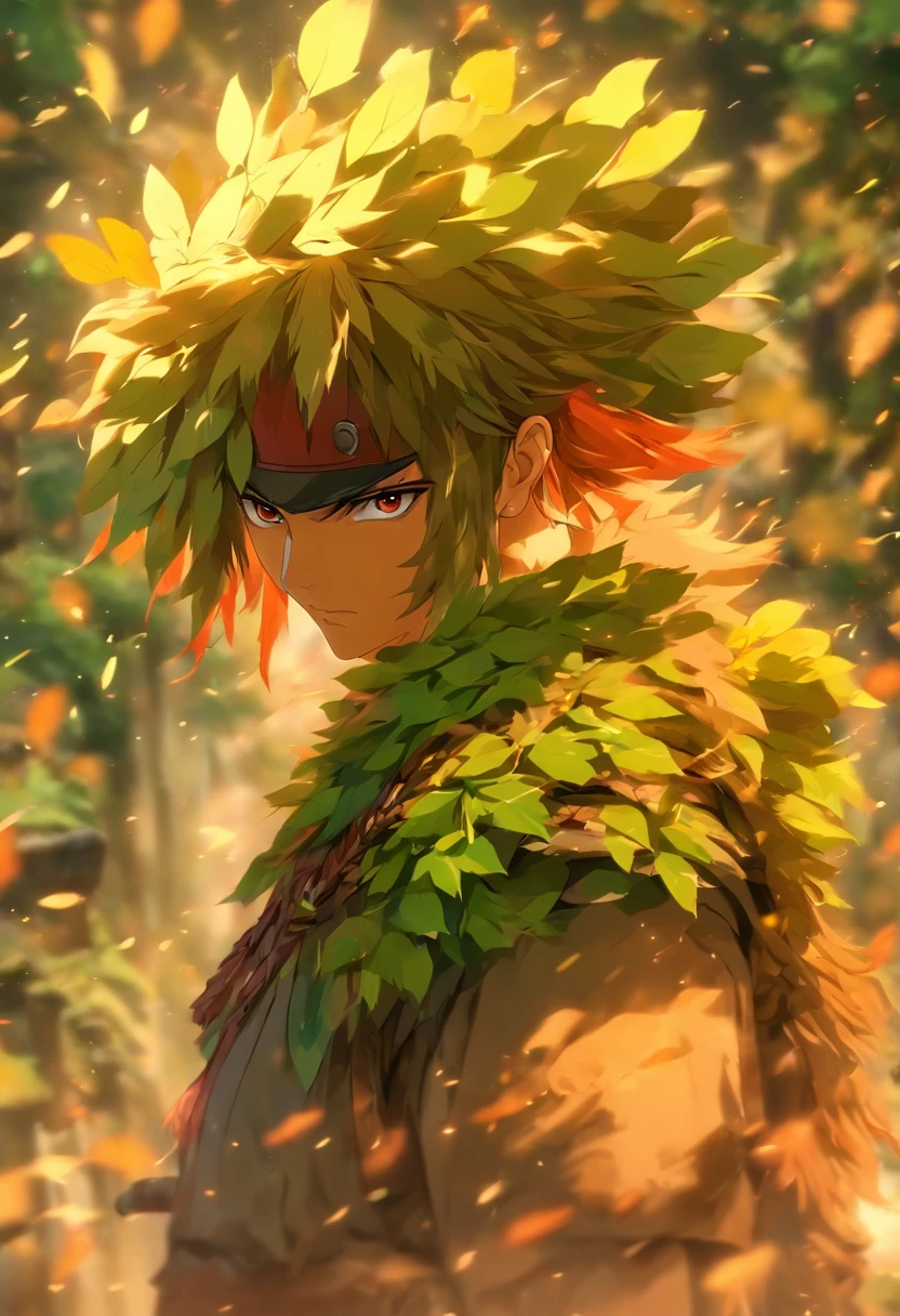 criar uma personagem que seria uma jovem viajante com uma mochila velha e uma garrafa amarrada ao cinto, A peasant with a warrior style leaf template