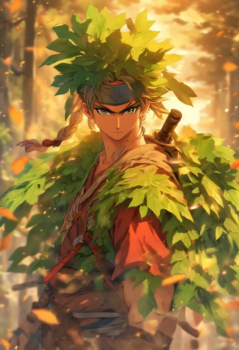 criar uma personagem que seria uma jovem viajante com uma mochila velha e uma garrafa amarrada ao cinto, A peasant with a warrior style leaf template