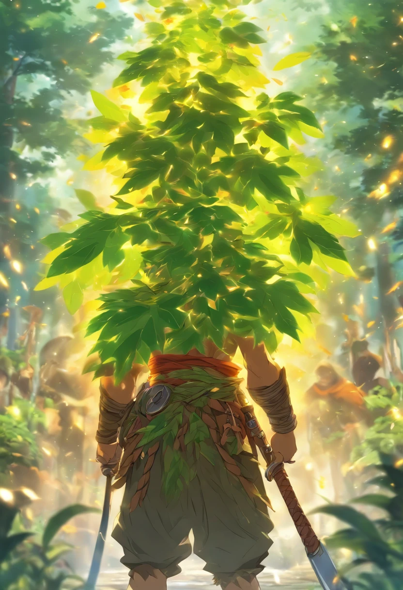 criar uma personagem que seria uma jovem viajante com uma mochila velha e uma garrafa amarrada ao cinto, A peasant with a warrior style leaf template