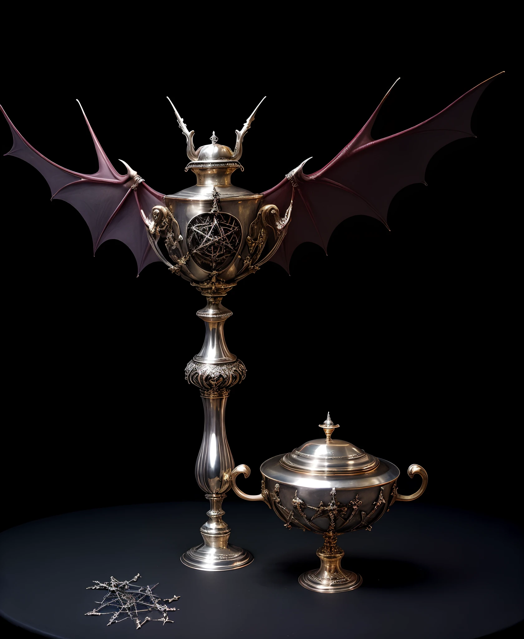 Create an image containing a silver chalice filled with bat blood and a pentagram