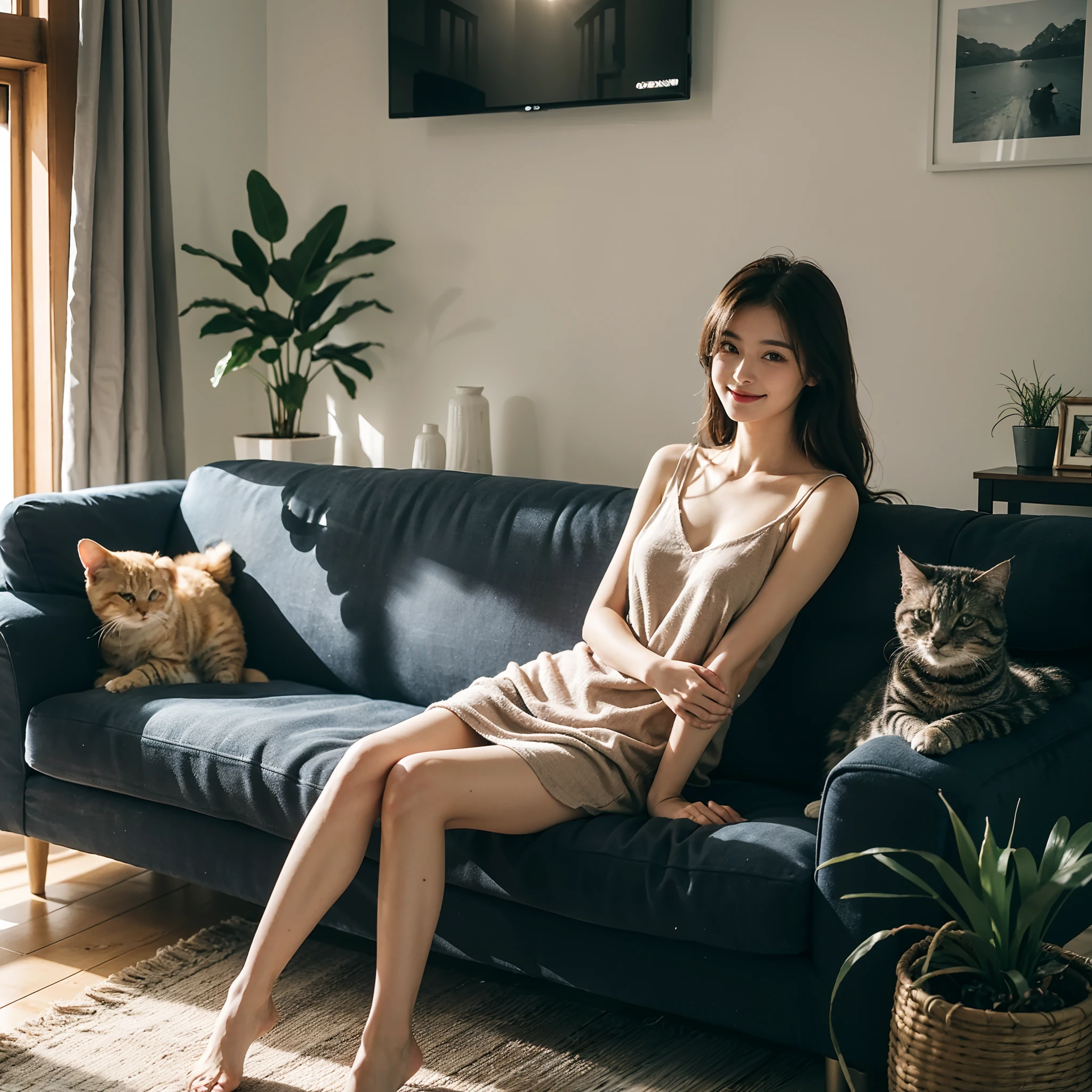 A girlfriend，Draped with hair， loose home wear，Sitting on the living room sofa，The house is small fresh design style，a plant, warm lights，Simple，Fashionab，extreme detail，Very detailed，realisticlying, comfort and lovely welcoming smile, with a cat,