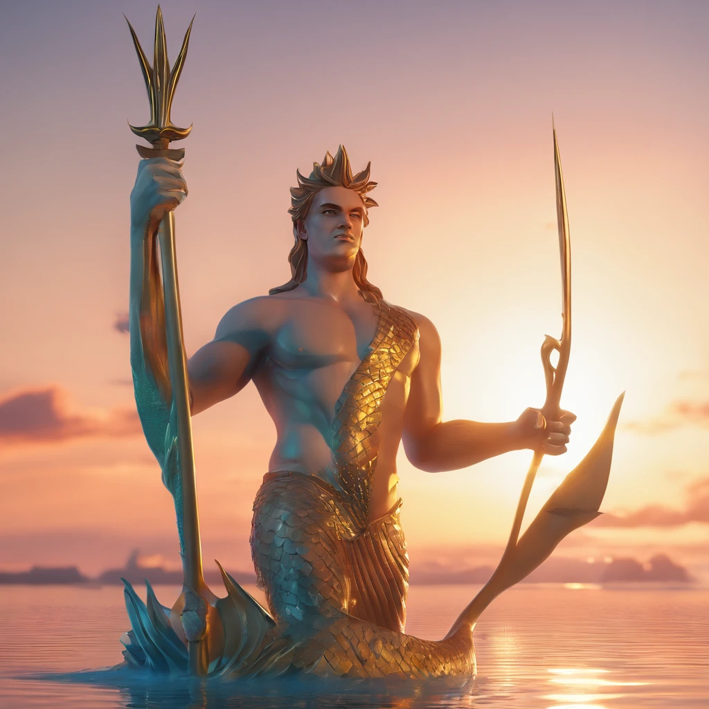 Create a drawing of a merman holding a trident in his hand