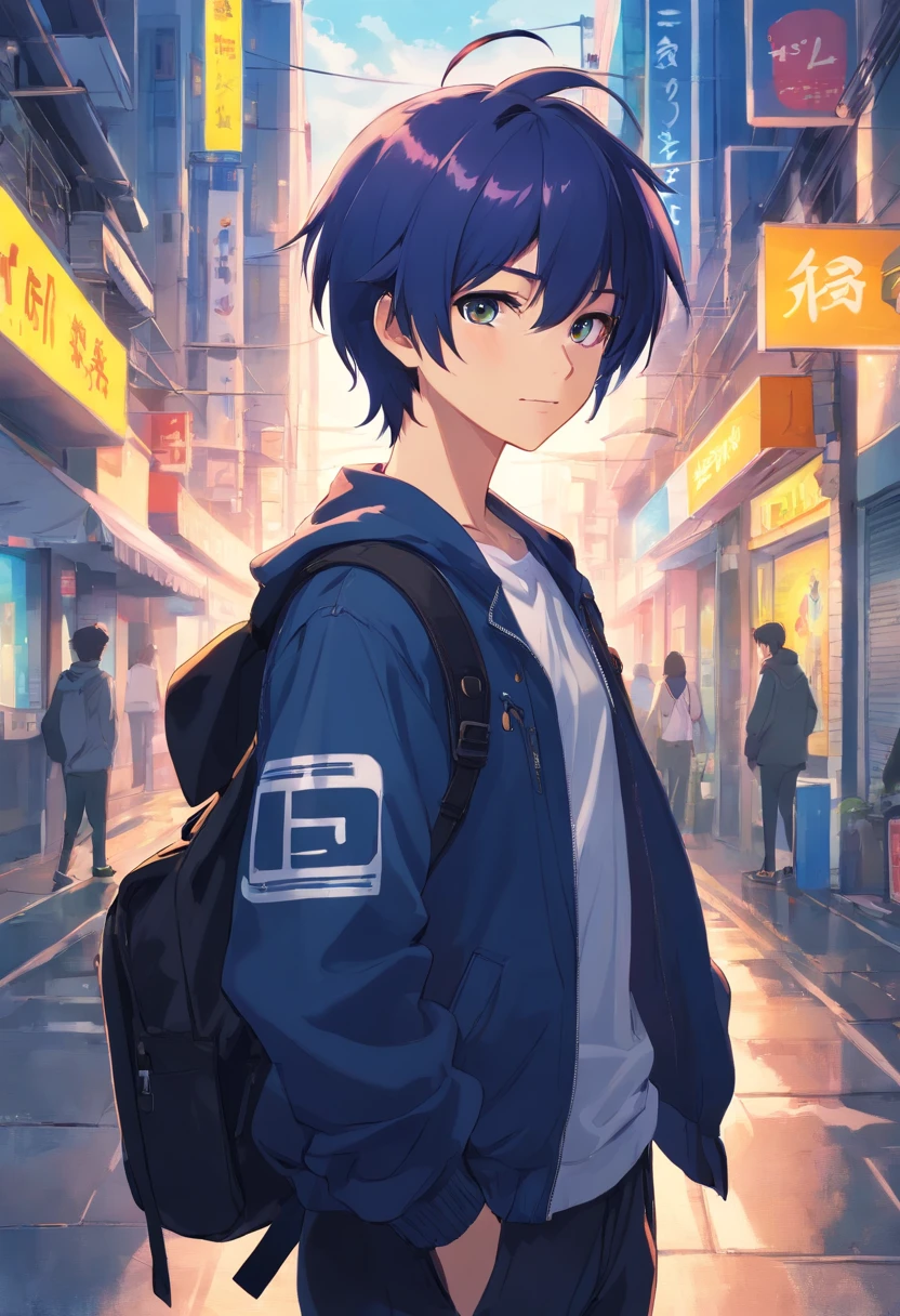 ​masterpiece、twinks、ember、22year old、Dark blue hair、Black jacket、Black pants、white t-shirts、Give bangs、Sticking out your forehead、twinks、Meticulously written eyes、Standing facing the front、A nihilistic smile、a handsome、backpack