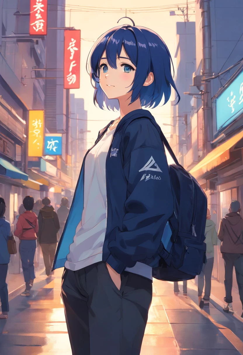 masterpiece、twinks、ember、22year old、Dark blue hair、Black jacket、Black pants、white t-shirts、Give bangs、Sticking out your forehead、twinks、Meticulously written eyes、Standing facing the front、A nihilistic smile、a handsome、backpack