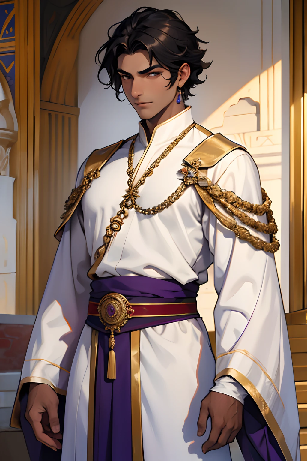 one black hair dark skin arab man, arabian clothes, royalty, warrior outfit, young man, Turkish traditional clothing, white and deep purple clothes, short curly hair, gentle expression