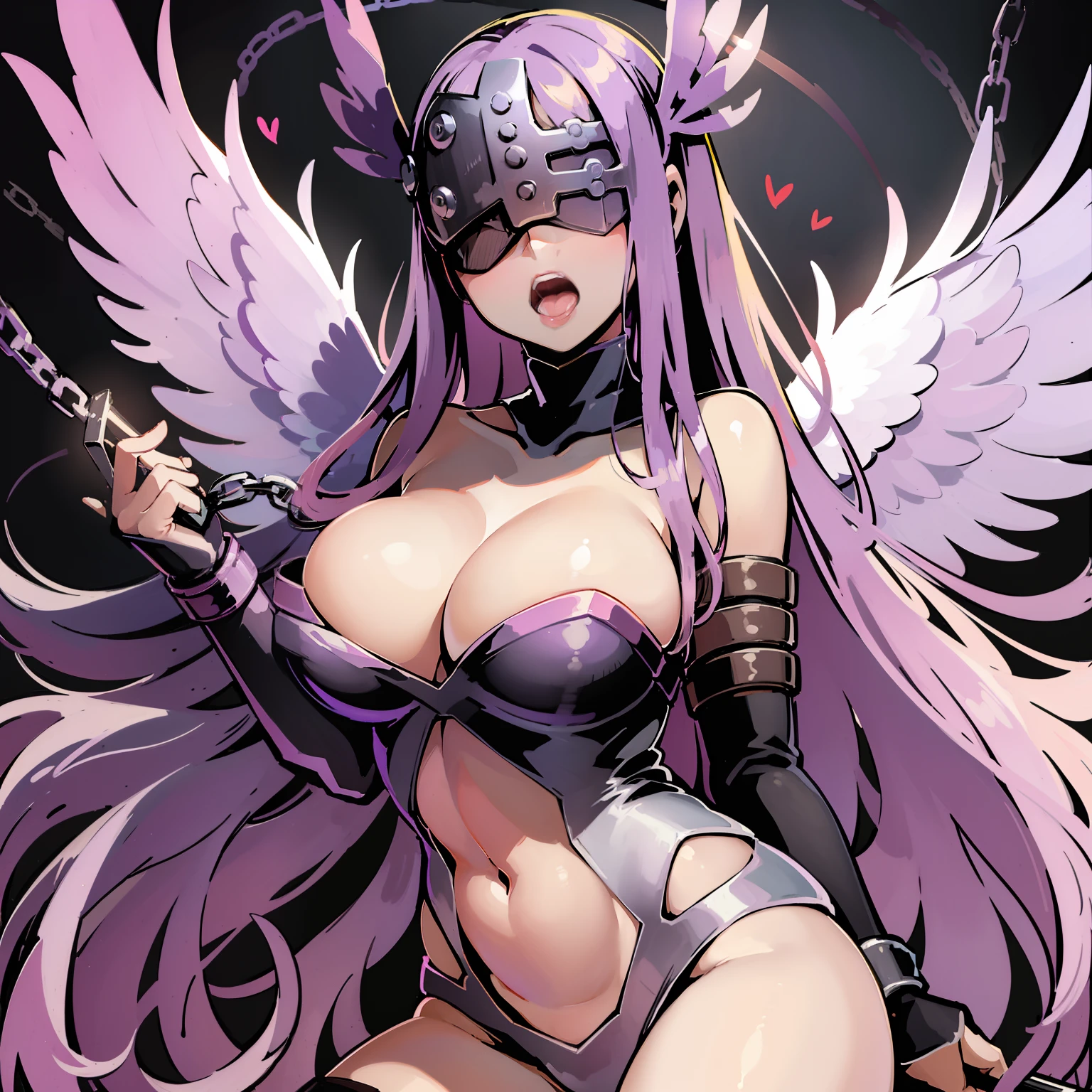 (masterpiece, best quality), (cowboy shot) angewomon, covered eyes, purple hair, (covered eyes:1.7), long purple hair,
Fate go, Medusa, angel wings, bare shoulders, elbow gloves, feathered wings, gloves, head wings, helmet, navel, pink ribbon, ribbon, single elbow glove, single glove, thigh strap, wings, adult, big chest, cleavage, full body chest, Grab your own breasts, One girl, black and purple clothes, white and gold, breasts exposed, exposed nips, open Torso, thin white robe, purple hair, lewd face, sexual expression, surprised face, open mouth, blushing, blushy red cheeks, wet tongue, tongue sticking out, string of saliva, radiant lightning shining from background center, drool, right hand on collar bone, left hand on inner thigh, sweaty, hot, chains, binds, chain collar, chain cuffs,