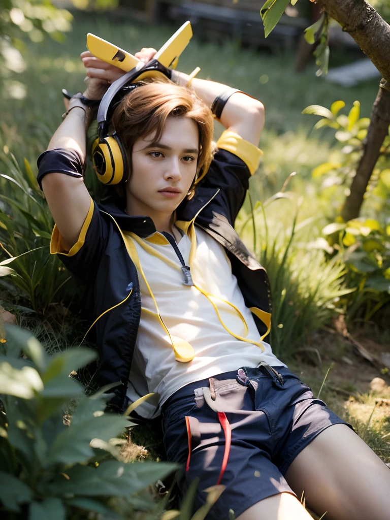 A man lying on the grass with headphones and arms on the back of his neck