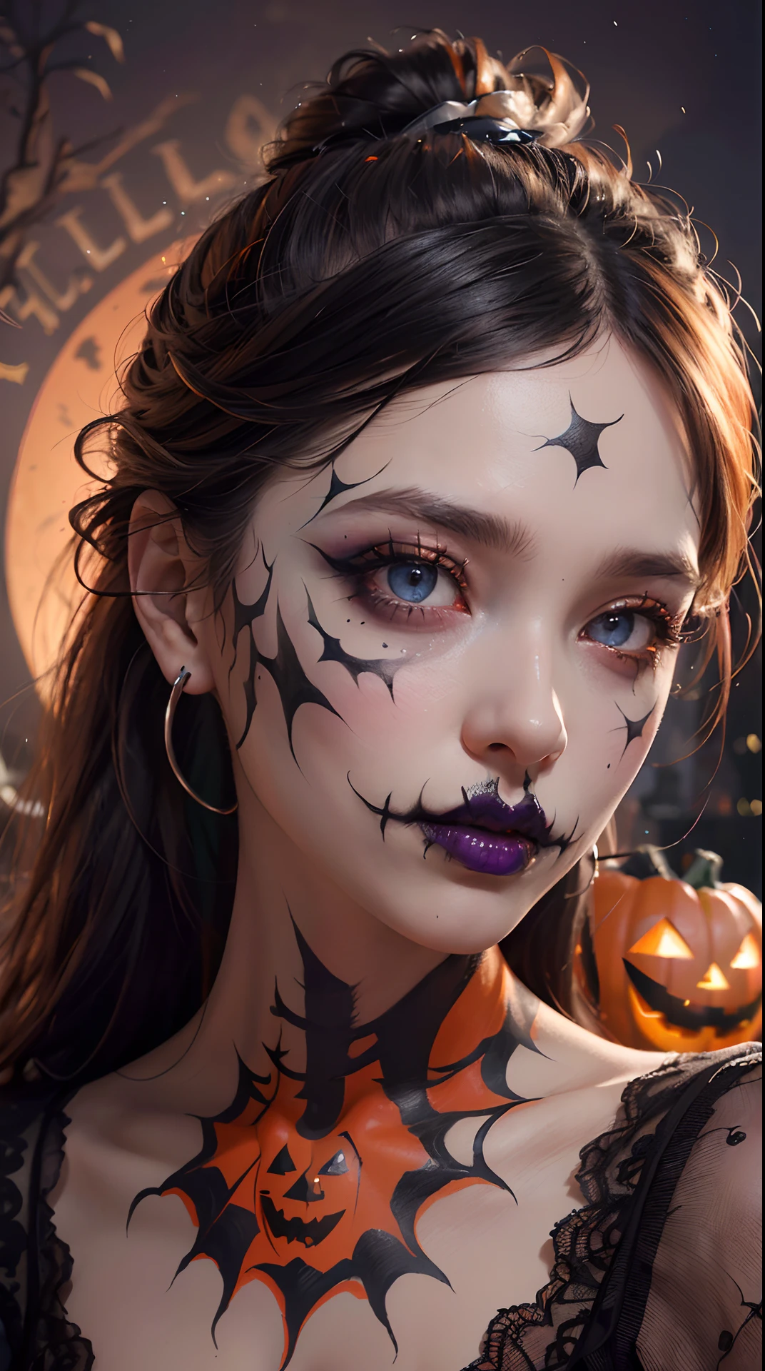(best quality,4k,8k,highres,masterpiece:1.2), ultra-detailed, (realistic,photorealistic,photo-realistic:1.37),(beautiful detailed eyes, beautiful detailed lips, extremely detailed eyes and face, long eyelashes),studio lighting,physically-based rendering,vivid colors, (Halloween, Face Painting:1.5),