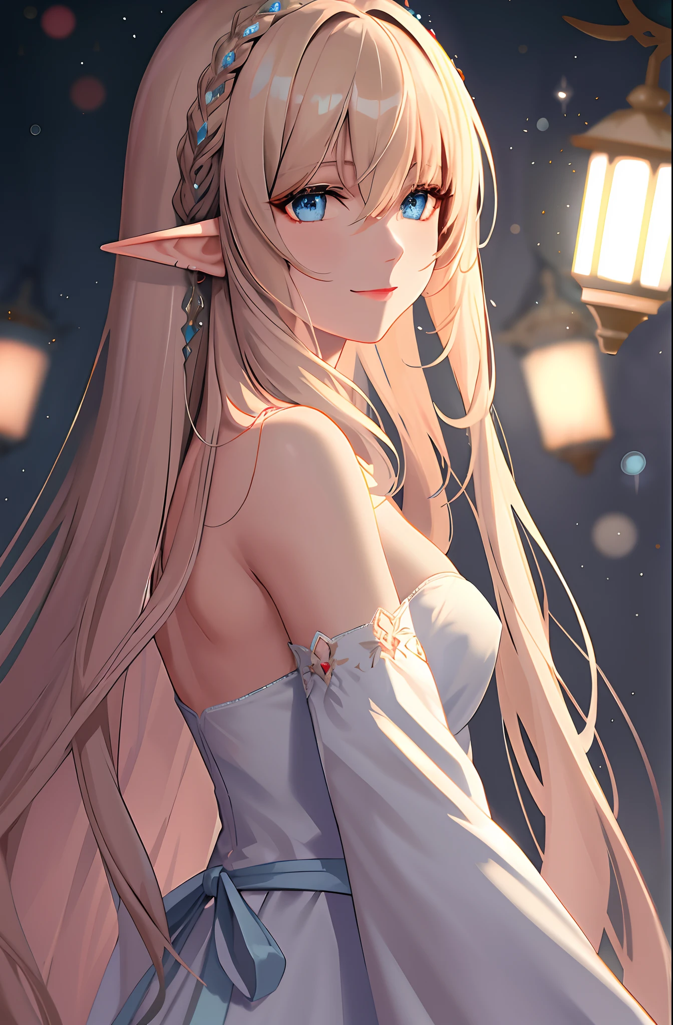 (extremely delicate and beautiful:1.2),highres, masterpiece, 1girl, bangs, blue eyes, blurry, blurry background, long blond hair, elf ears, closed mouth, from side, hair between eyes, hair beads, lantern, light particles, long sleeves, looking at viewer, medium hair, night, solo, cross \(symbol\), upper body,smile,red lips