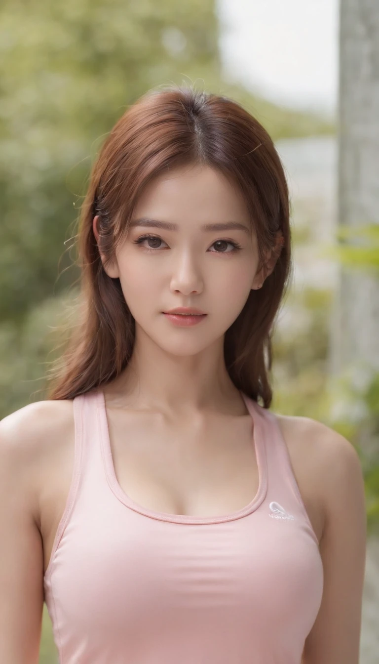 top-quality、masterpiece、超A high resolution、full body Esbian,Japan beauties ,embarassed face, looking in camera,Ultra-detailed wet skin, NSFW, {{{of the highest quality}}}, {{Highly detailed}}, {Real Photos},girl,{Moderate abs}、gals,Pink tank top、Gym Instructor、perspiring、Brown hair、stick out buttocks