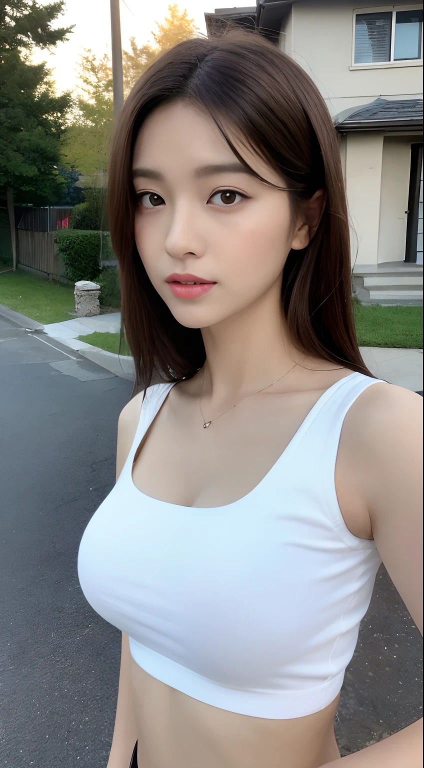 ((Realistic lighting, Best quality, 8K, Masterpiece: 1.3)), Clear focus: 1.2, 1girl, Perfect beauty: 1.4, Slim abs: 1.1, ((Dark brown hair)), (White crop top: 1.4), (Outdoor, Night: 1.1), Park view, Super fine face, Fine eyes, Double eyelids,