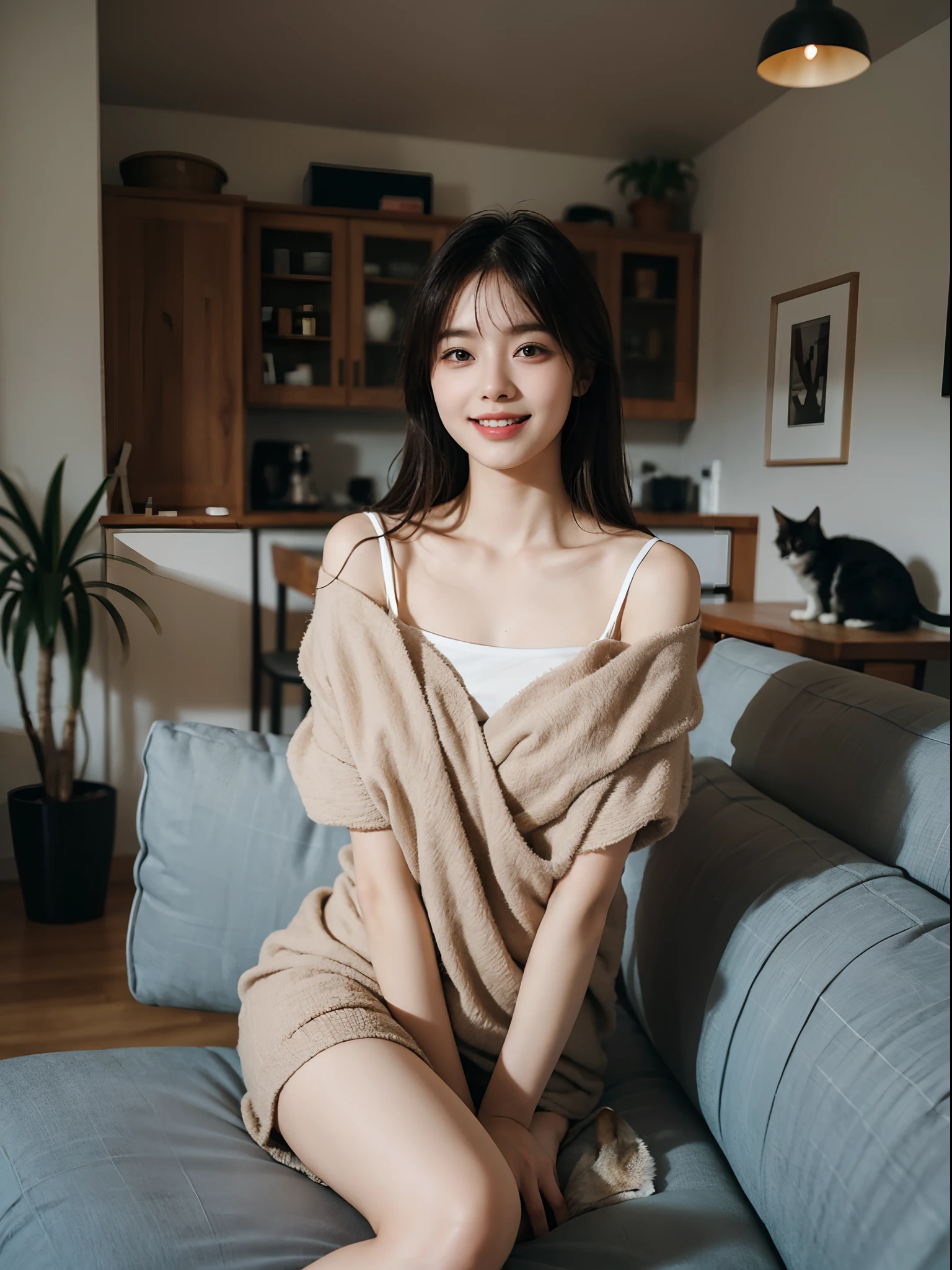 A girlfriend，Draped with hair， loose home wear，Sitting on the living room sofa，The house is small fresh design style，a plant, warm lights，Simple，Fashionab，extreme detail，Very detailed，realisticlying, comfort and lovely welcoming smile, (with a cat:0.9),