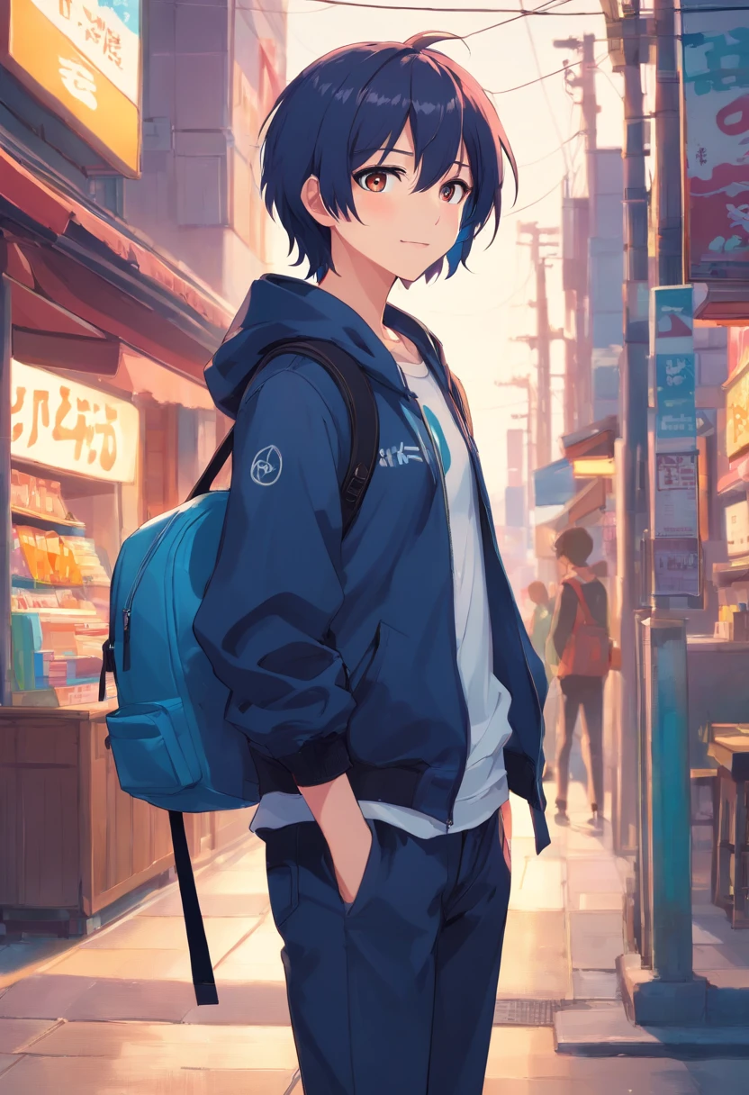 masterpiece、twinks、ember、22year old、Dark blue hair、Black jacket、Black pants、white t-shirts、Give bangs、Sticking out your forehead、twinks、Meticulously written eyes、Standing facing the front、Nihilistic smile、a handsome、backpack