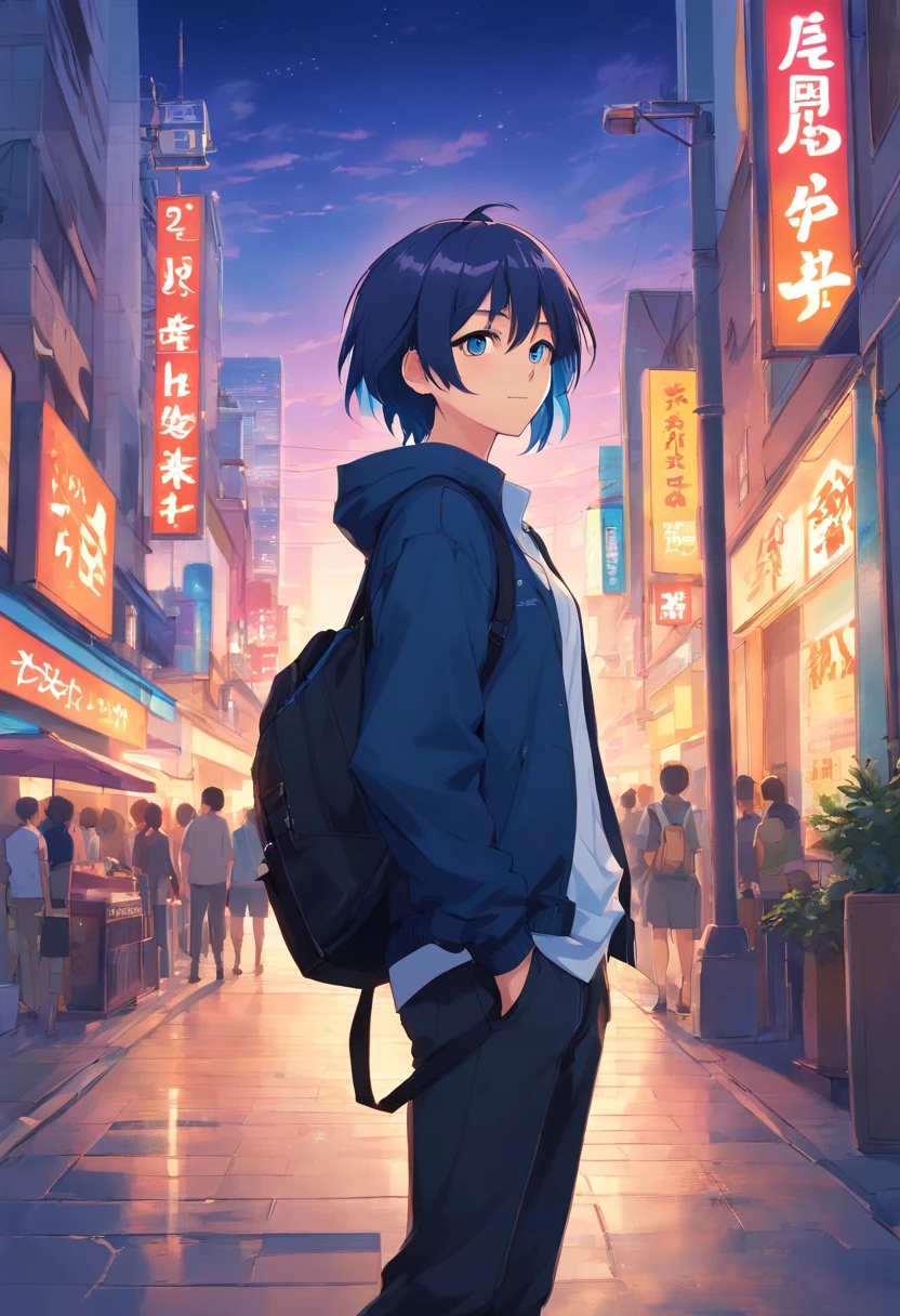 ​masterpiece、twinks、ember、22year old、Dark blue hair、Black jacket、Black pants、white t-shirts、Give bangs、Sticking out your forehead、twinks、Meticulously written eyes、Standing facing the front、Nihilistic smile、a handsome、backpack