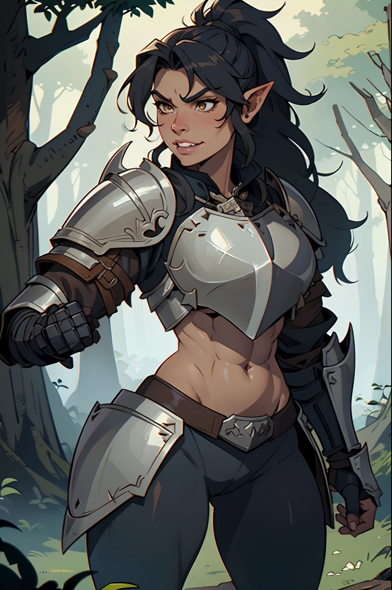 Solo, orc, girl, standing, muscular, (tusks, underbite), forest, teeth, ((armor, chestpiece, knight)), (big lips, thick lips), smirking, tan skin, ponytail, messy hair, wavy hair, abs, navy cloak