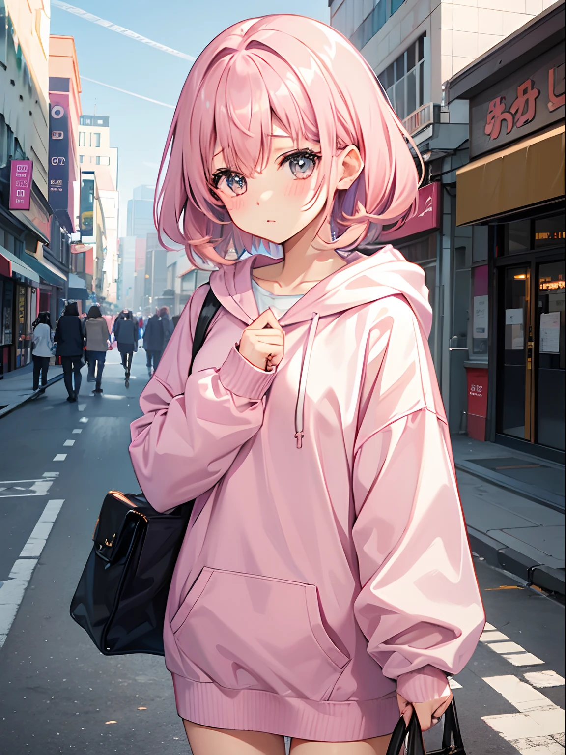 One girl、Pink hair、PastelColors、Cute、blush, tiny chest, oversize hoodie