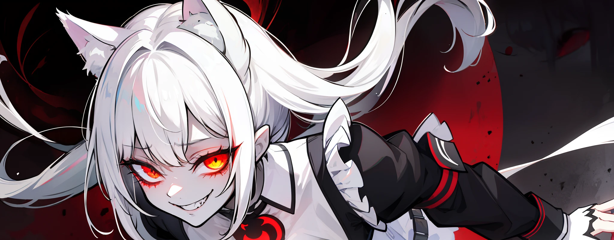 White hair，bit girl，dual horsetail，black-skinned，One eye is covered by bangs，cat ear，the maid outfit，Devilish charm，Sinister smile，Terrifying atmosphere，Black whites of the eyes，Magic Array，Black and red background，slope，Cthulhu，Dark