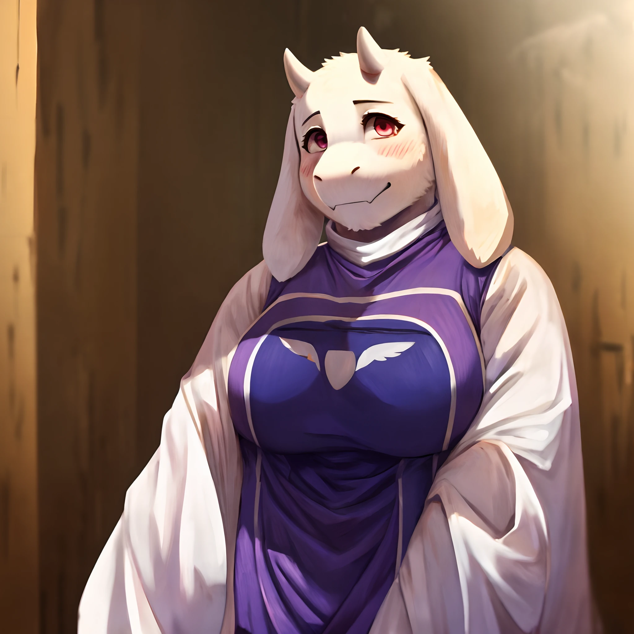 ((sfw)), character from Undertale Toriel, goat Furry, Beautiful cute face, Innocent, Charming, Sexually calm facial expression, Facing the camera, The body is covered with wool, Skin color: white, Body glare, ((pretty eyes)), red-eyes, ((Perfect Sexy Figure)), Curvy Perfect Body Shapes, big thighs, ((Subtle and beautiful)), ((Sexy Fantasy Clothing)), Sexually seductive position, Full-length, Dark castle cave inside background, Depth of field, ((ultra quality)), ((tmasterpiece)), clear image, crisp details, Realistic, Professional Photo Session, Clear Focus, the anime, Colorfully drawn, big bosom, topless, black skirt, blushing, self groping breasts