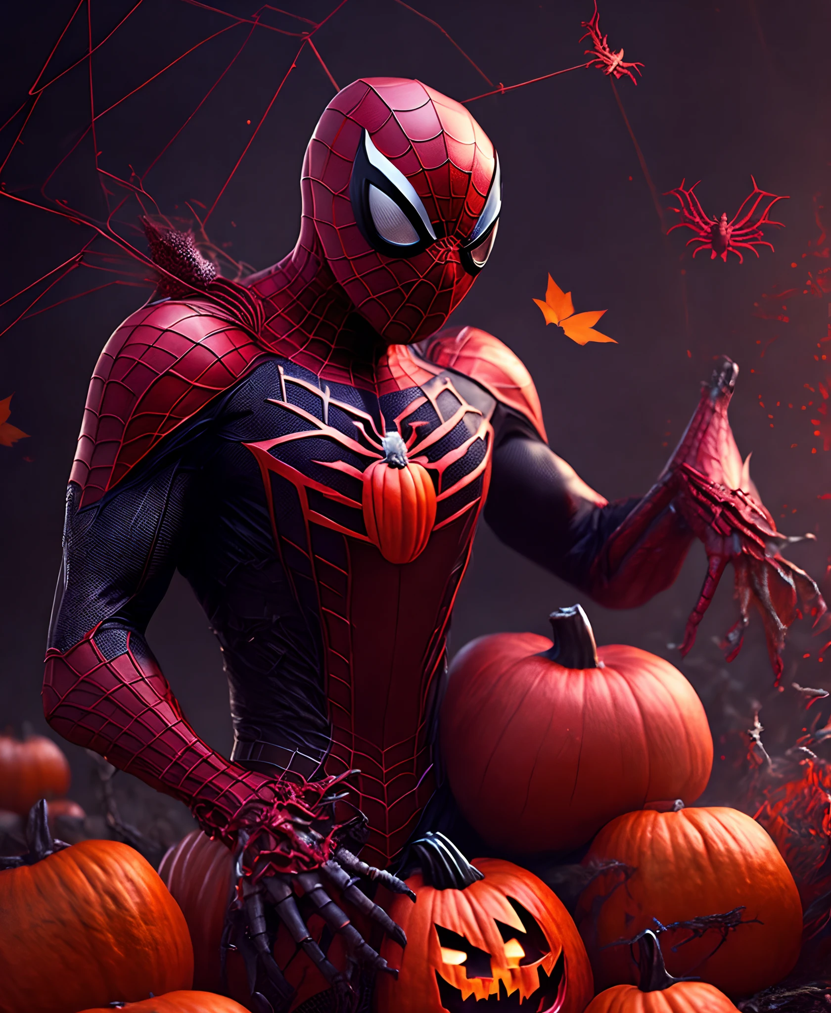 Close-up (Spiderman suit inspired by a Halloween pumpkin from Marvel in Goth style: 1.3) emerging from the the pumpkin field, influenced by the colour red velvet, extremely detailed, smoke, sparks, metal shavings, flying debris, volumetric light