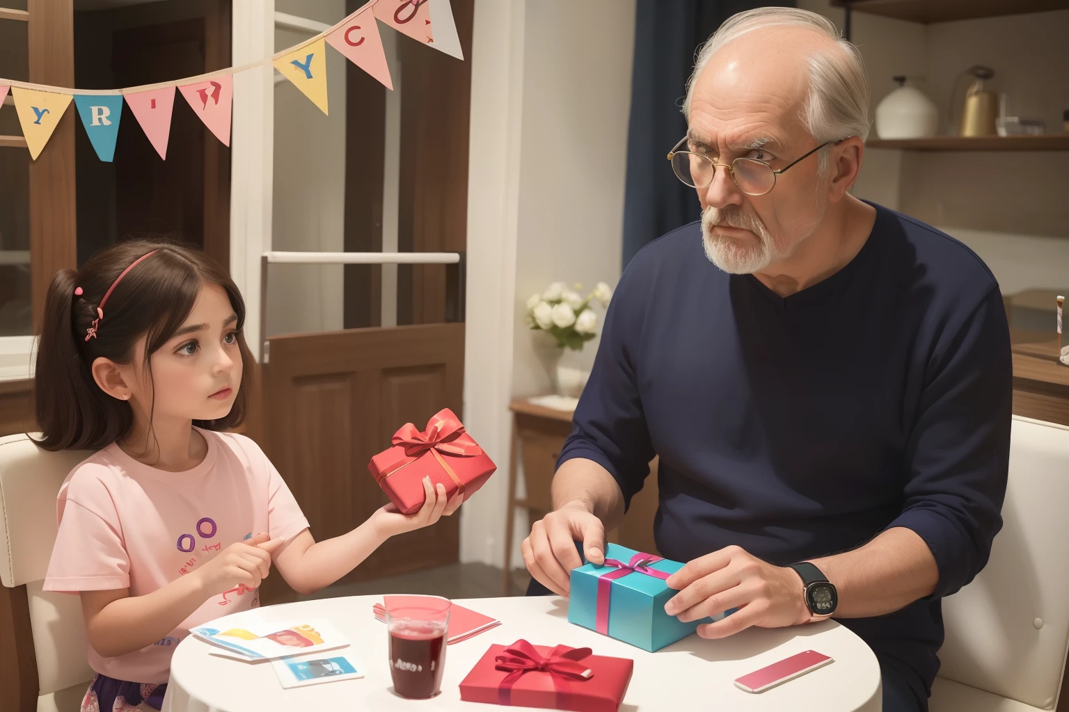 year: 2023. Location: Sweden. Pre-Raphaelite scene with a 59-year-old man, thin, ((clean classic look)), ((grumpy)) ((strict)), in a birthday party, with the 8--old py birthday girl, ((gift bag)), present ipad, ((((casual Clothing from the 2020s)))) ((Hairstyle of the 2020s)), ((("OMITB" cinematography)))