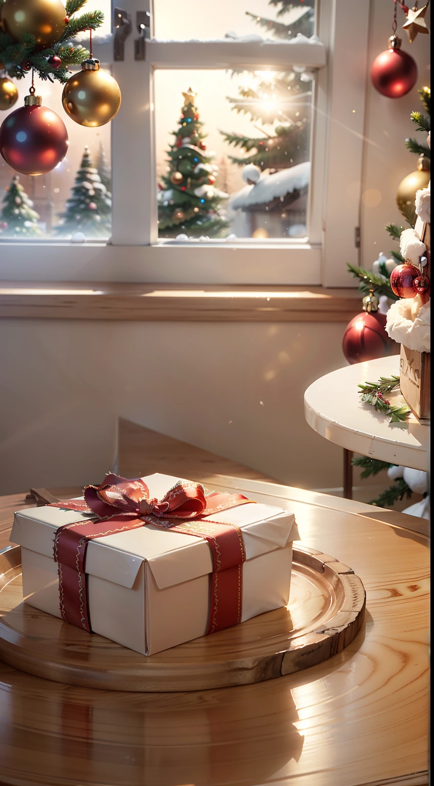 Extreme close-up，clear，tmasterpiece，A Christmas table，It is stocked with delicious Christmas food and wine，Bright natural light，Surrounded by beautiful gift boxes、toys、liveroom、C4D、Empty product display scene