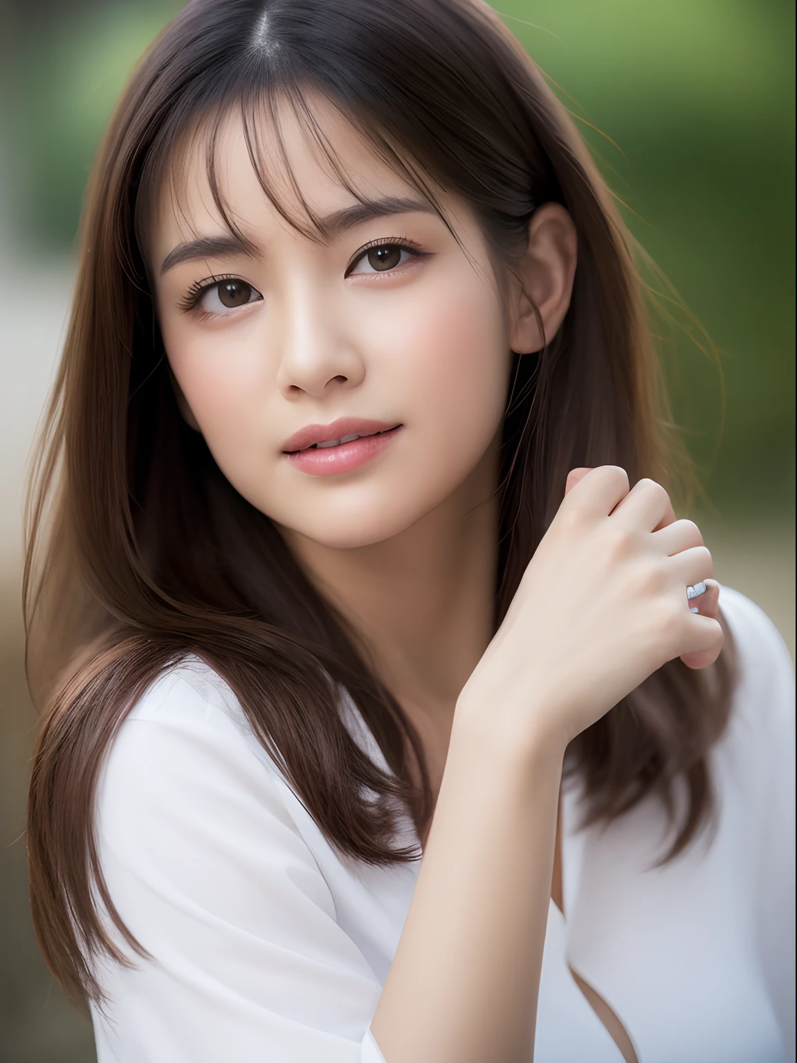 （（best qualtiy，8K，tmasterpiece：1.3））， 1girll， ssmile， full body Esbian， Slim Faces， Beautiful woman， with short dark brown hair， White crisp shirt at upper body, Black straight leg suit pants at the bottom，Bra Big，high-heels， Super Detailed Face， Detailed eyes， 二重まぶた， blur backgroun， Slim Faces， Tall house