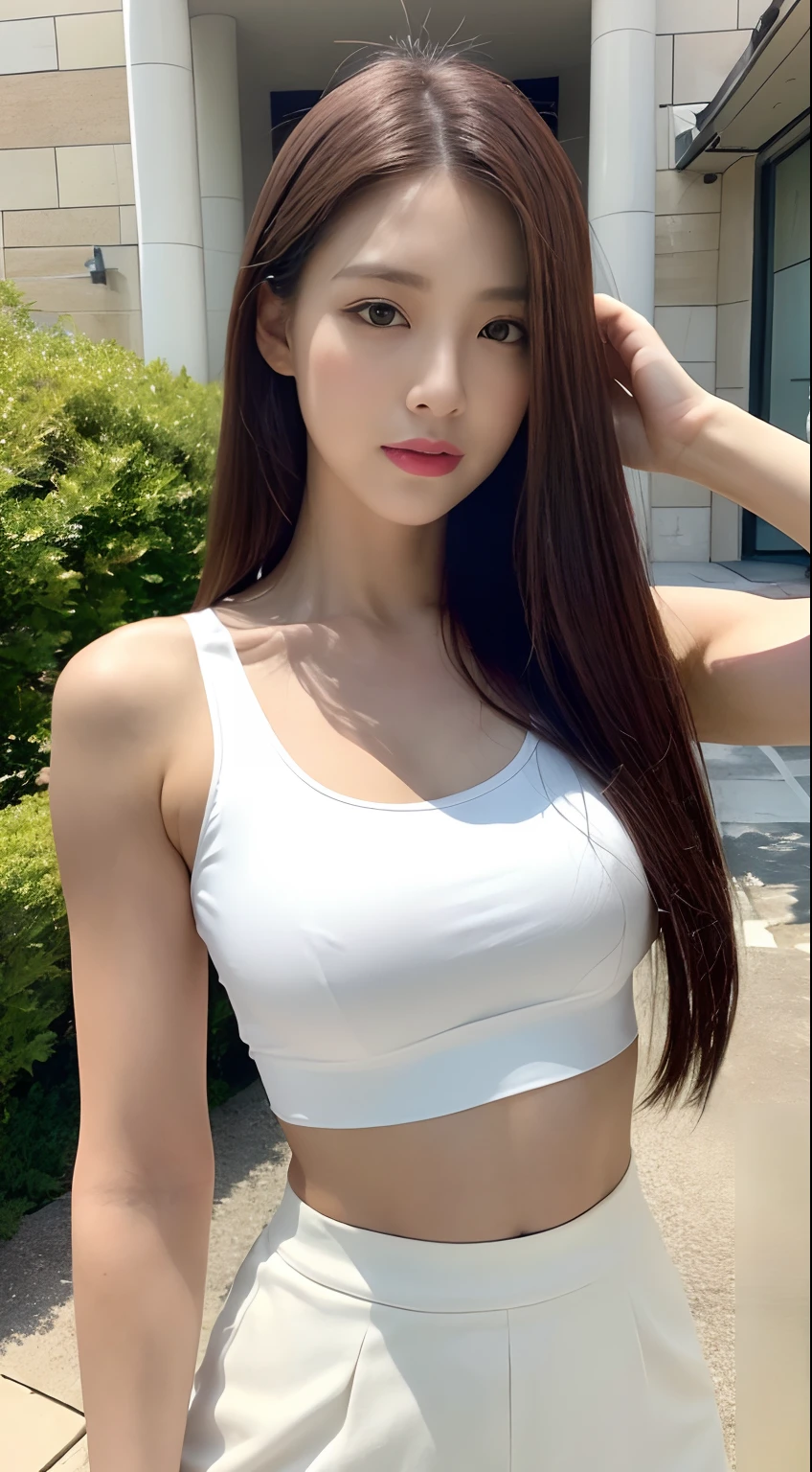 ((Realistic lighting、top-quality、8K、masterpiece:1.3))、Clear Focus:1.2、1girl in、flawless beauty:1.4、huge tit:1.2、Slim abs:1.1、((dark brown hair))、(White crop top:1.4)、(outside of house、natta:1.1)、Street、Super fine face、finely eye、二重まぶた、white skirt