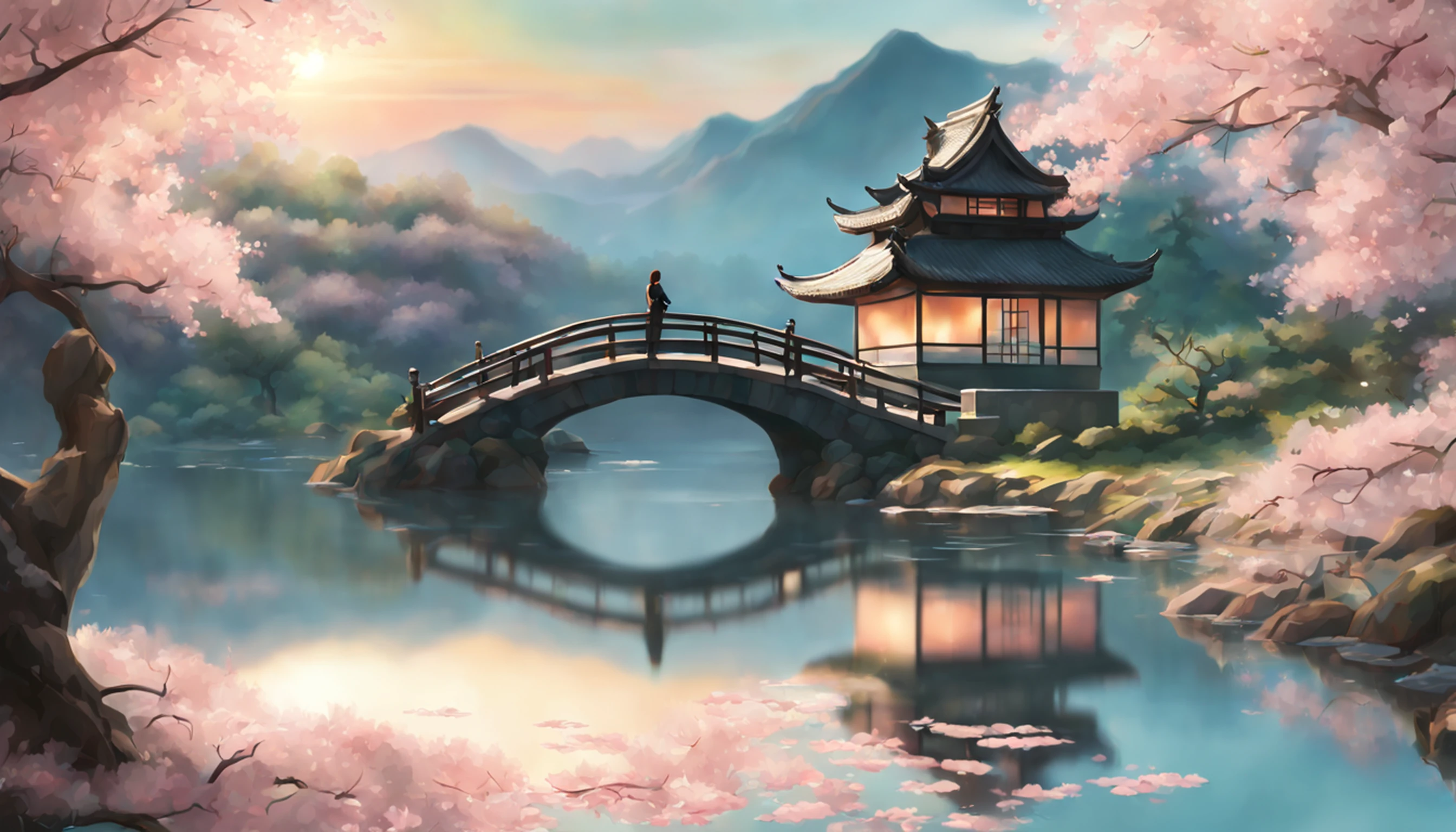 obra-prima, melhor qualidade, alta qualidade, papel de parede 32k extremamente detalhado da unidade CG, an enchanting front view scene of crystal clear lagoon in Japan, Cherry trees in the background, nascer do sol, creating a sense of mystique and enchantment, arts station, intricado, trending, fotografia premiada, Bokeh, profundidade de campo, HDR, flor, chromatic aberration, fotorrealista, extremamente detalhado, trending in the artstation, trend at CGSociety, intrincado, alto detalhe, dramatic, arte no meio da jornada, with a Dragon Empress "Jennifer Connelly", olhos realistas, cabelo preto, olhos azuis, seios pequenos, Vestido setin coreano sensual, paisagem maligna, ethereal beauty, (Fantasy Illustration:1.3), olhar encantador, pose cativante, garota solo, charme sobrenatural, mystical sky, gazebo,(Escultura em papel:1.5),Stooping, (Mar de nuvens brancas:1.3), (nuvens brancas:1.3), (peach blossom:1.2), montanhas, soft lighting，Elementos Orientais, sonhador, pastels colors, cores brilhantes, Traditional Chinese color scheme, ( Reasonable design, linhas claras, Alta nitidez,melhor qualidade, Very detailed, master part, Arte Oficial, Efeito de luz do filme, 4k ),