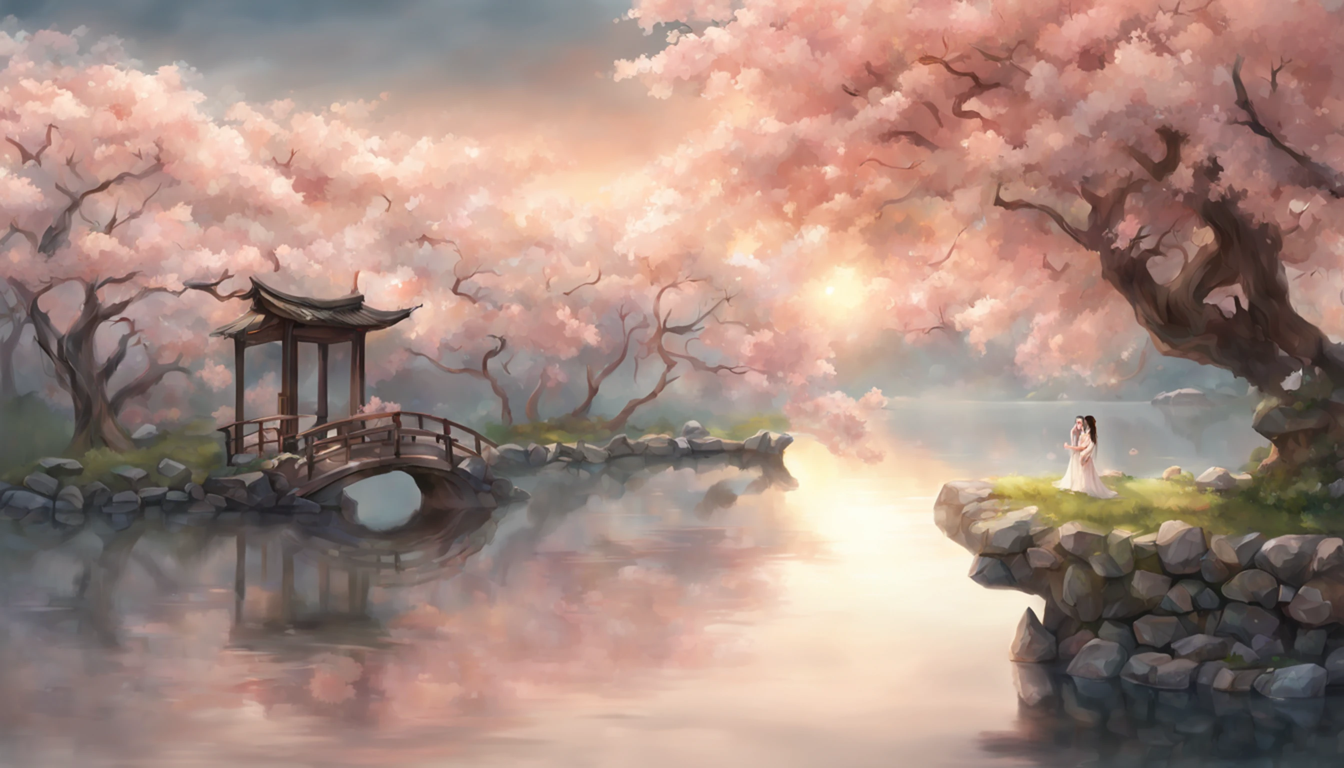 obra-prima, melhor qualidade, alta qualidade, papel de parede 32k extremamente detalhado da unidade CG, an enchanting front view scene of crystal clear lagoon in Japan, Cherry trees in the background, nascer do sol, creating a sense of mystique and enchantment, arts station, intricado, trending, fotografia premiada, Bokeh, profundidade de campo, HDR, flor, chromatic aberration, fotorrealista, extremamente detalhado, trending in the artstation, trend at CGSociety, intrincado, alto detalhe, dramatic, arte no meio da jornada, with a Dragon Empress "Jennifer Connelly", olhos realistas, cabelo preto, olhos azuis, seios pequenos, Vestido setin coreano sensual, paisagem maligna, ethereal beauty, (Fantasy Illustration:1.3), olhar encantador, pose cativante, garota solo, charme sobrenatural, mystical sky, gazebo,(Escultura em papel:1.5),Stooping, (Mar de nuvens brancas:1.3), (nuvens brancas:1.3), (peach blossom:1.2), montanhas, soft lighting,Elementos Orientais, sonhador, pastels colors, cores brilhantes, Traditional Chinese color scheme, ( Reasonable design, linhas claras, Alta nitidez,melhor qualidade, Very detailed, master part, Arte Oficial, Efeito de luz do filme, 4k ),