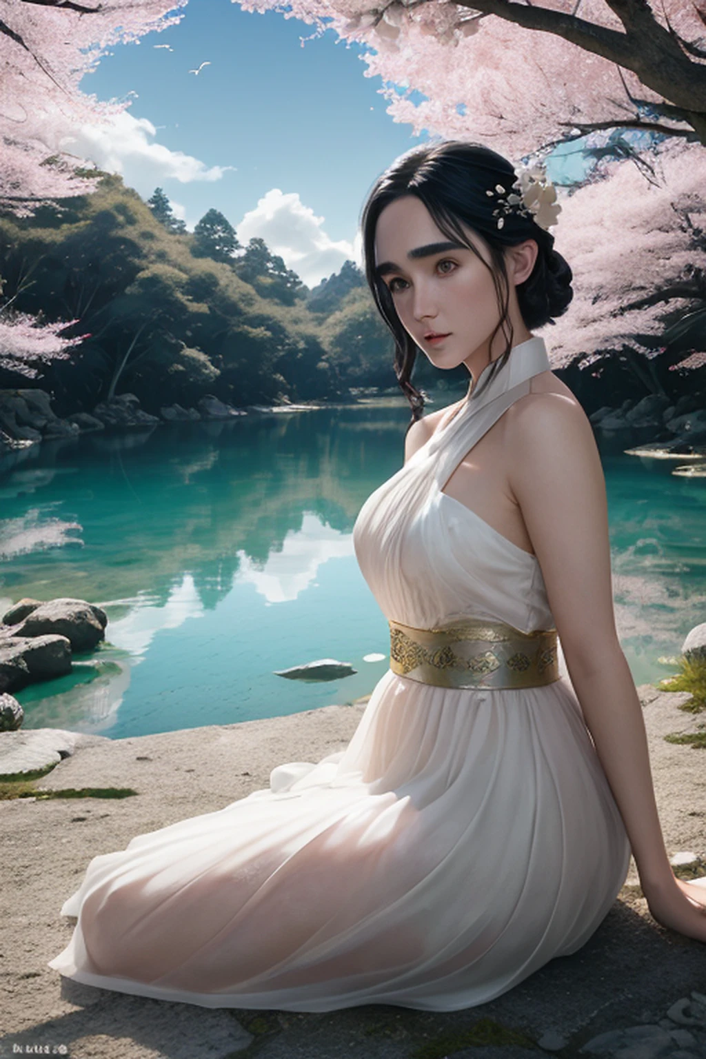 obra-prima, melhor qualidade, alta qualidade, papel de parede 32k extremamente detalhado da unidade CG, an enchanting front view scene of crystal clear lagoon in Japan, Cherry trees in the background, nascer do sol, creating a sense of mystique and enchantment, arts station, intricado, trending, fotografia premiada, Bokeh, profundidade de campo, HDR, flor, chromatic aberration, fotorrealista, extremamente detalhado, trending in the artstation, trend at CGSociety, intrincado, alto detalhe, dramatic, arte no meio da jornada, with a Dragon Empress "Jennifer Connelly", olhos realistas, cabelo preto, olhos azuis, seios pequenos, Vestido setin coreano sensual, paisagem maligna, ethereal beauty, (Fantasy Illustration:1.3), olhar encantador, pose cativante, garota solo, charme sobrenatural, mystical sky, gazebo,(Escultura em papel:1.5),Stooping, (Mar de nuvens brancas:1.3), (nuvens brancas:1.3), (peach blossom:1.2), montanhas, soft lighting，Elementos Orientais, sonhador, pastels colors, cores brilhantes, Traditional Chinese color scheme, ( Reasonable design, linhas claras, Alta nitidez,melhor qualidade, Very detailed, master part, Arte Oficial, Efeito de luz do filme, 4k ),