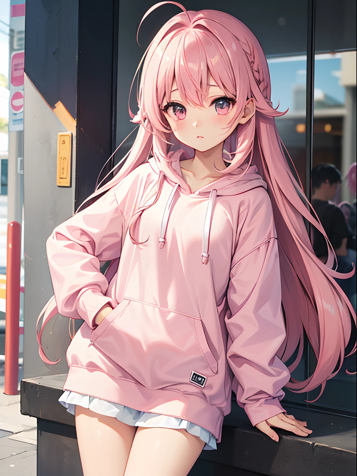 One girl、Pink hair、PastelColors、Cute、blush, tiny chest, oversize hoodie