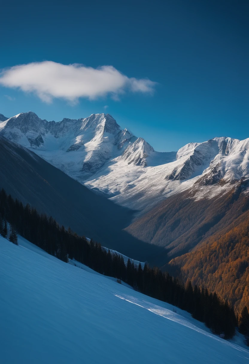 Drone photographs stunning snow-capped mountain tops,k hd,Blue sky