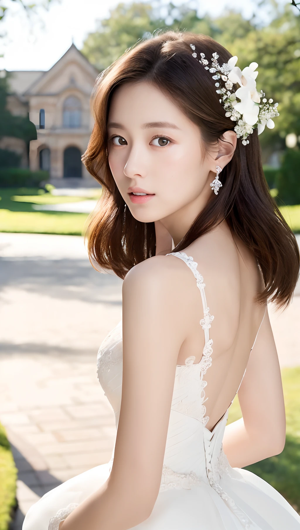 ((​masterpiece:1.4、top-quality))、((​masterpiece、top-quality))、(photographrealistic:1.4)、profetional lighting、physically-based renderingt、Very cute、big eye、extremely detailed eye and face、Eyes in Beautiful Details、(Beautiful japanese girl:1.05)、sface focus、from the rear、Wedding Dresses
