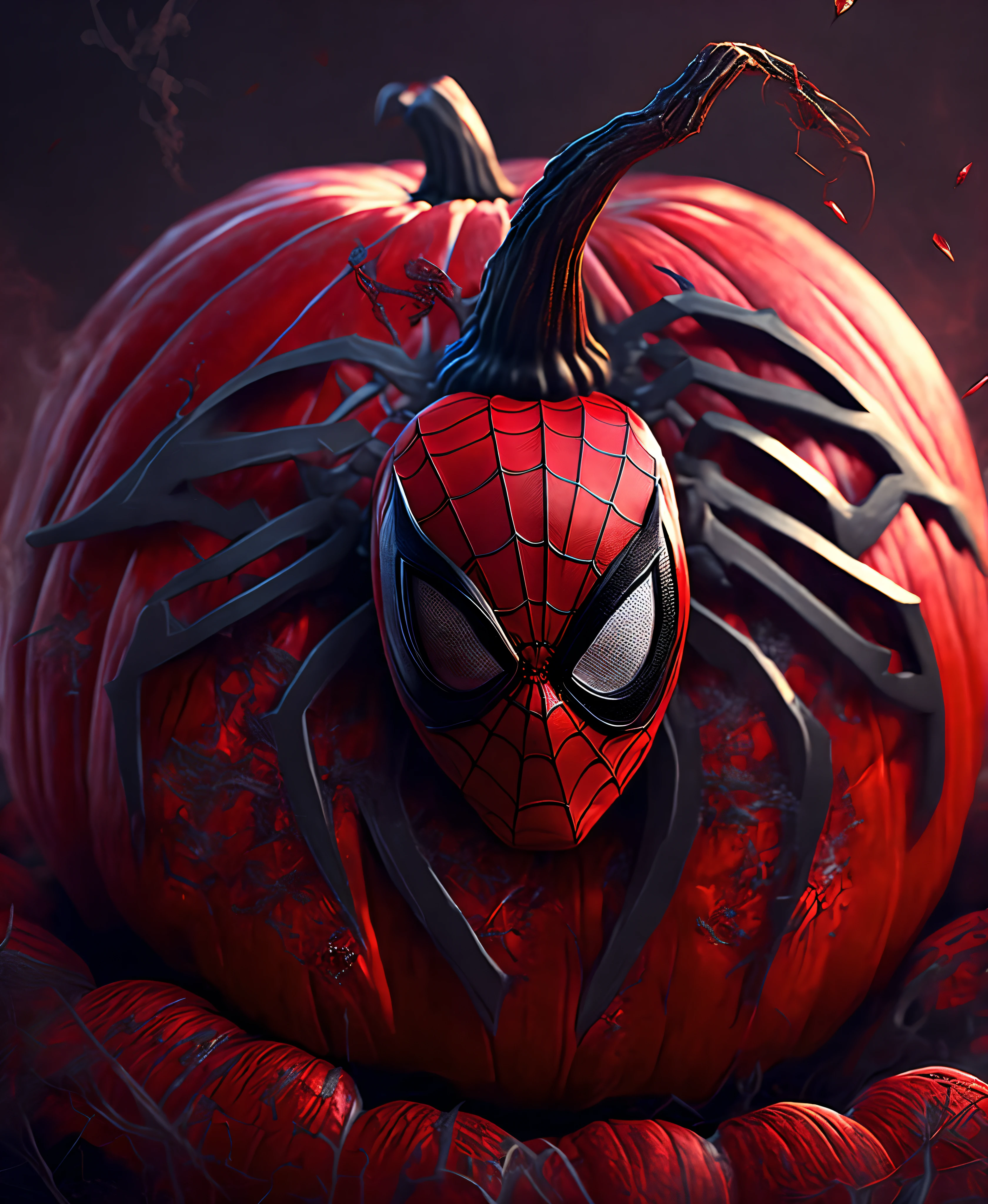 Close-up (Spiderman-pumpkin from Marvel in Goth style: 1.3) emerging from the the pumpkin field, influenced by the colour red velvet, extremely detailed, smoke, sparks, metal shavings, flying debris, volumetric light